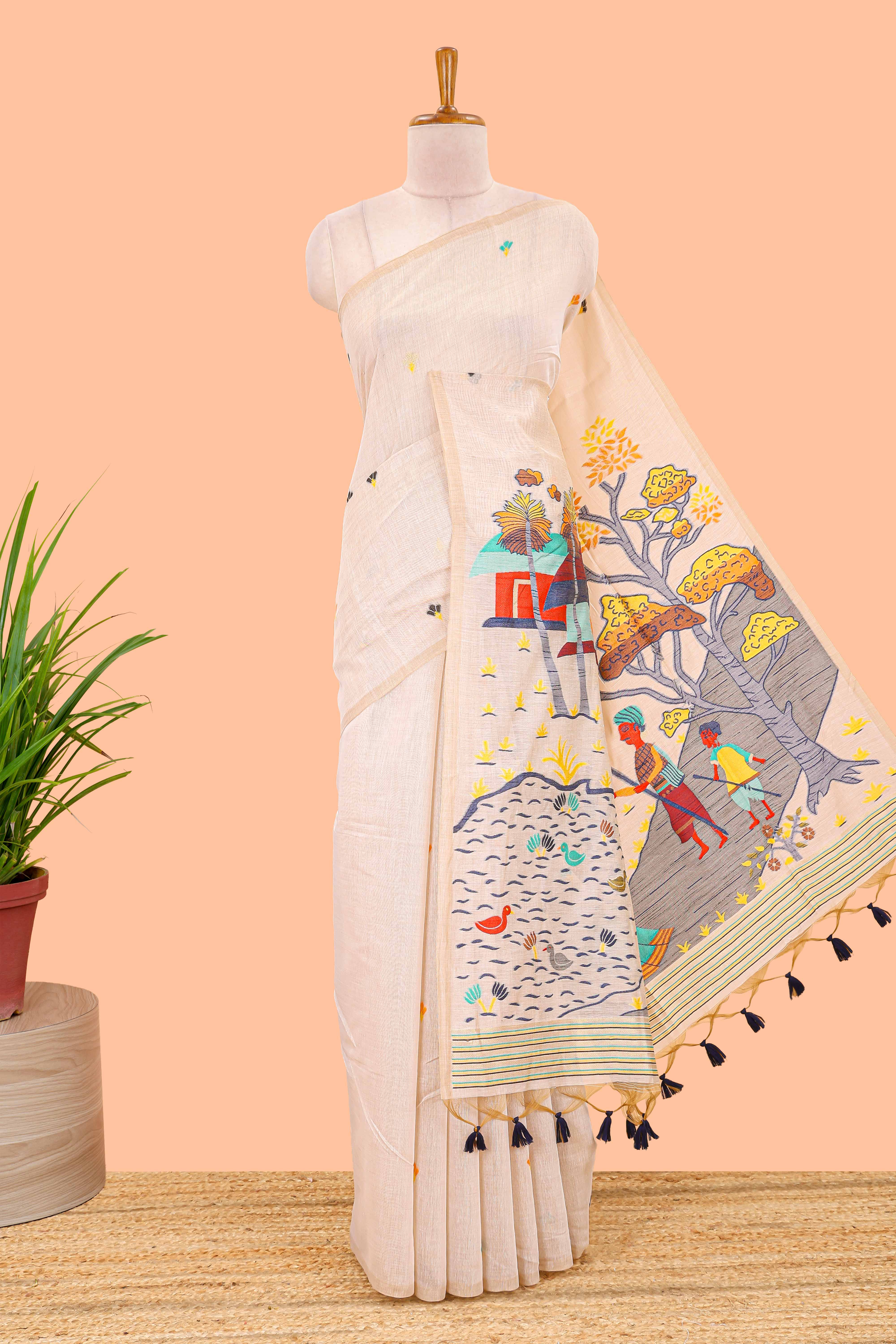 Cream munga cotton saree village print pallu