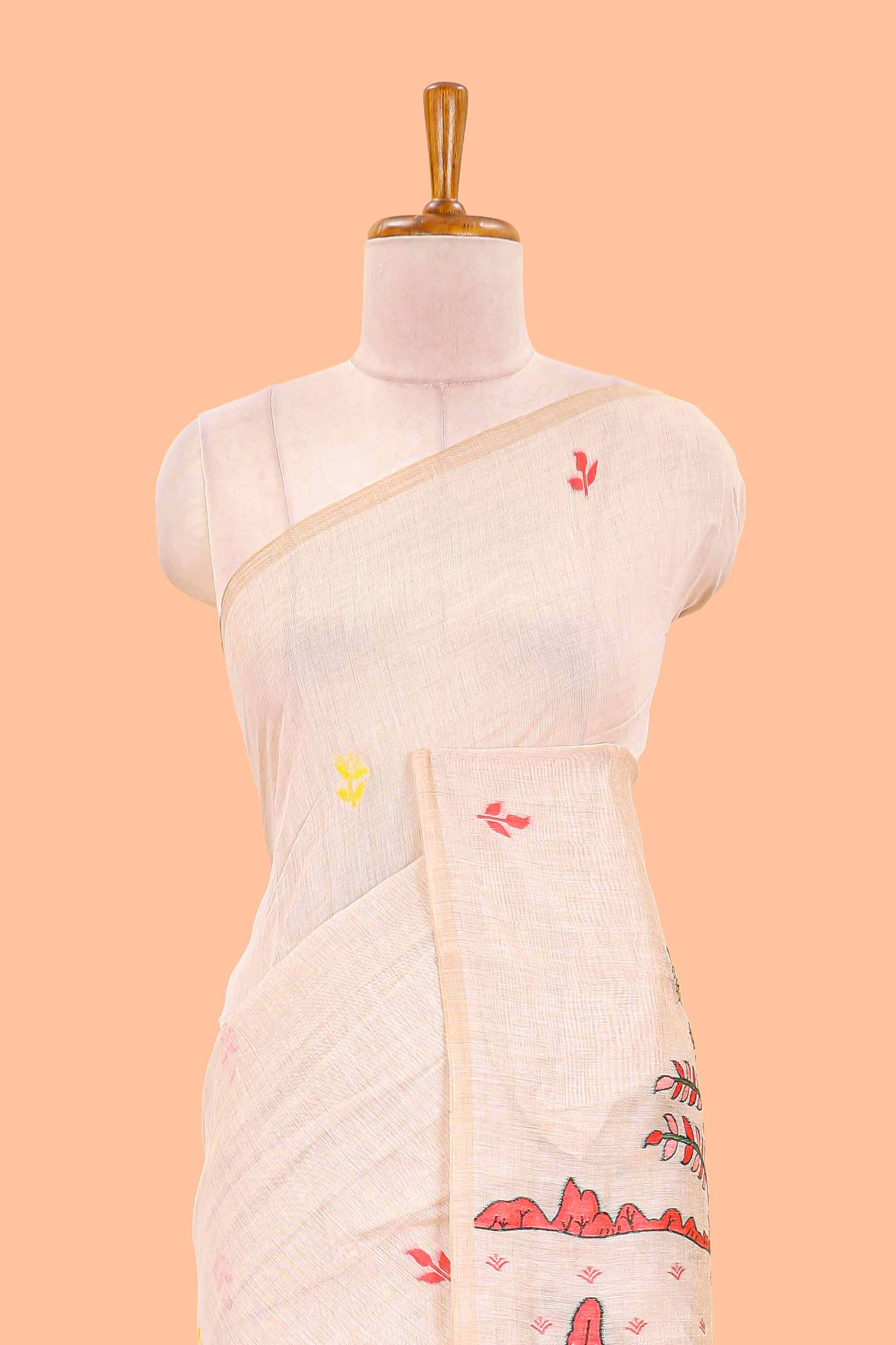Cream munga cotton village print pallu saree