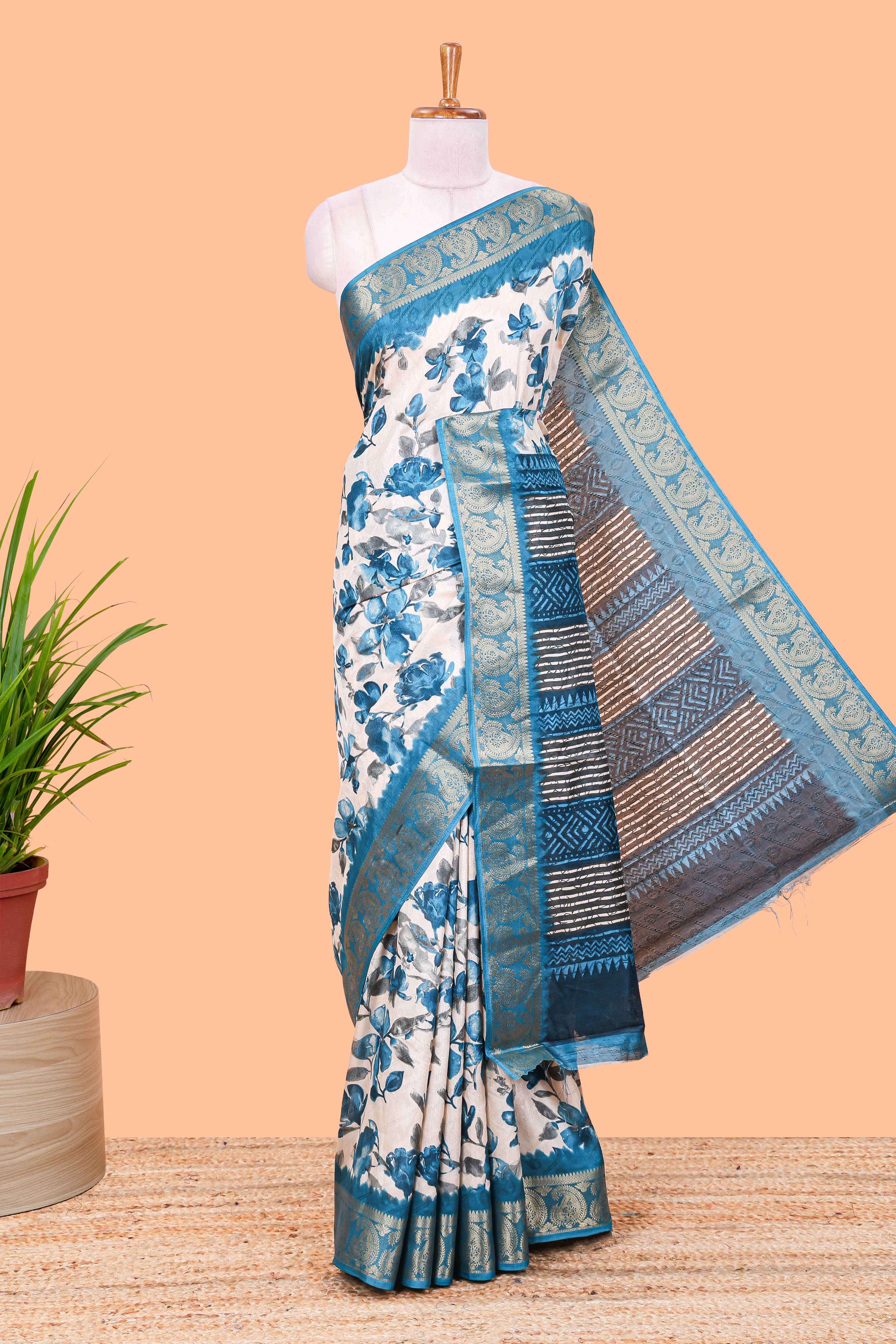 Cream silk blend saree