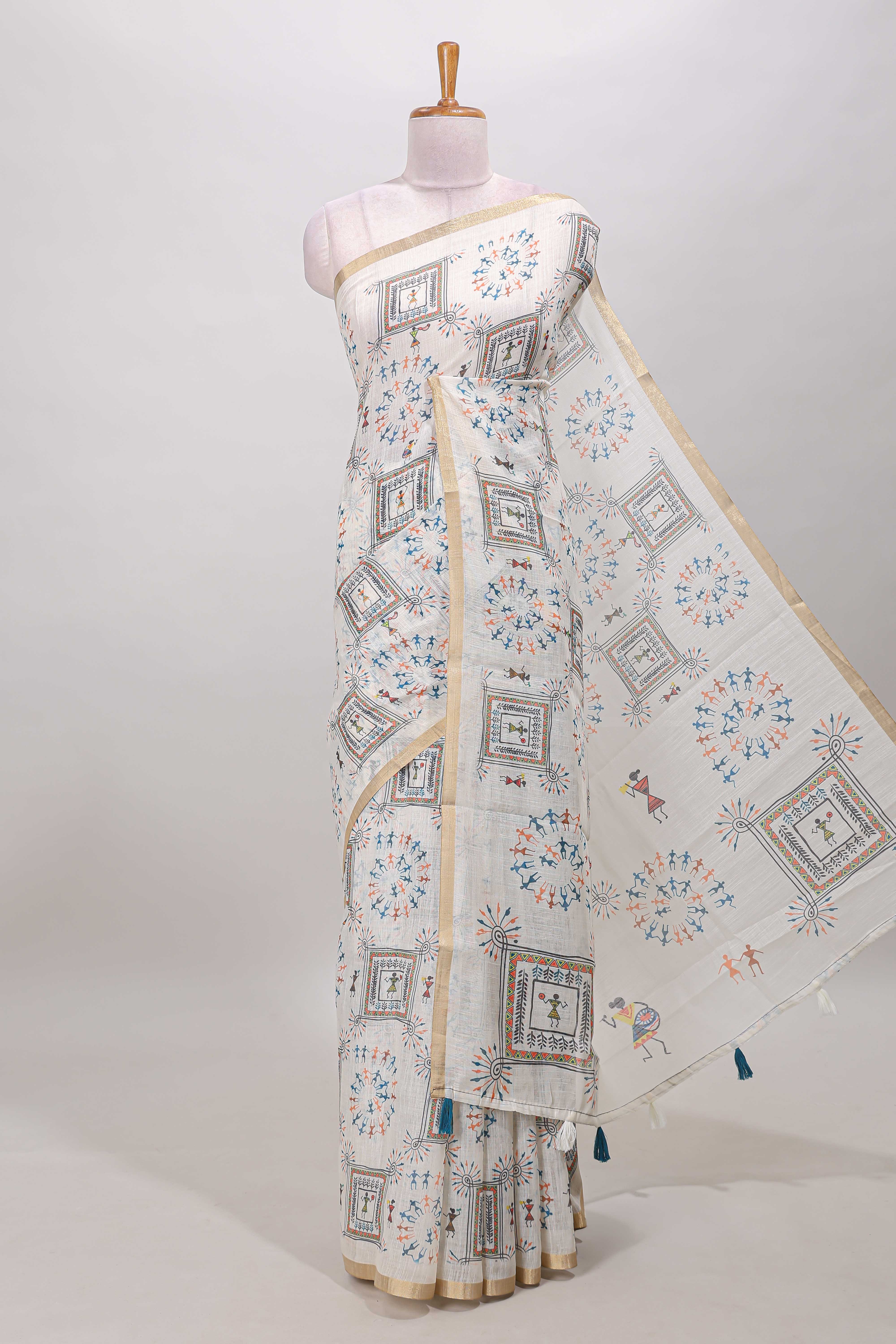 Cream warli print linen cotton saree