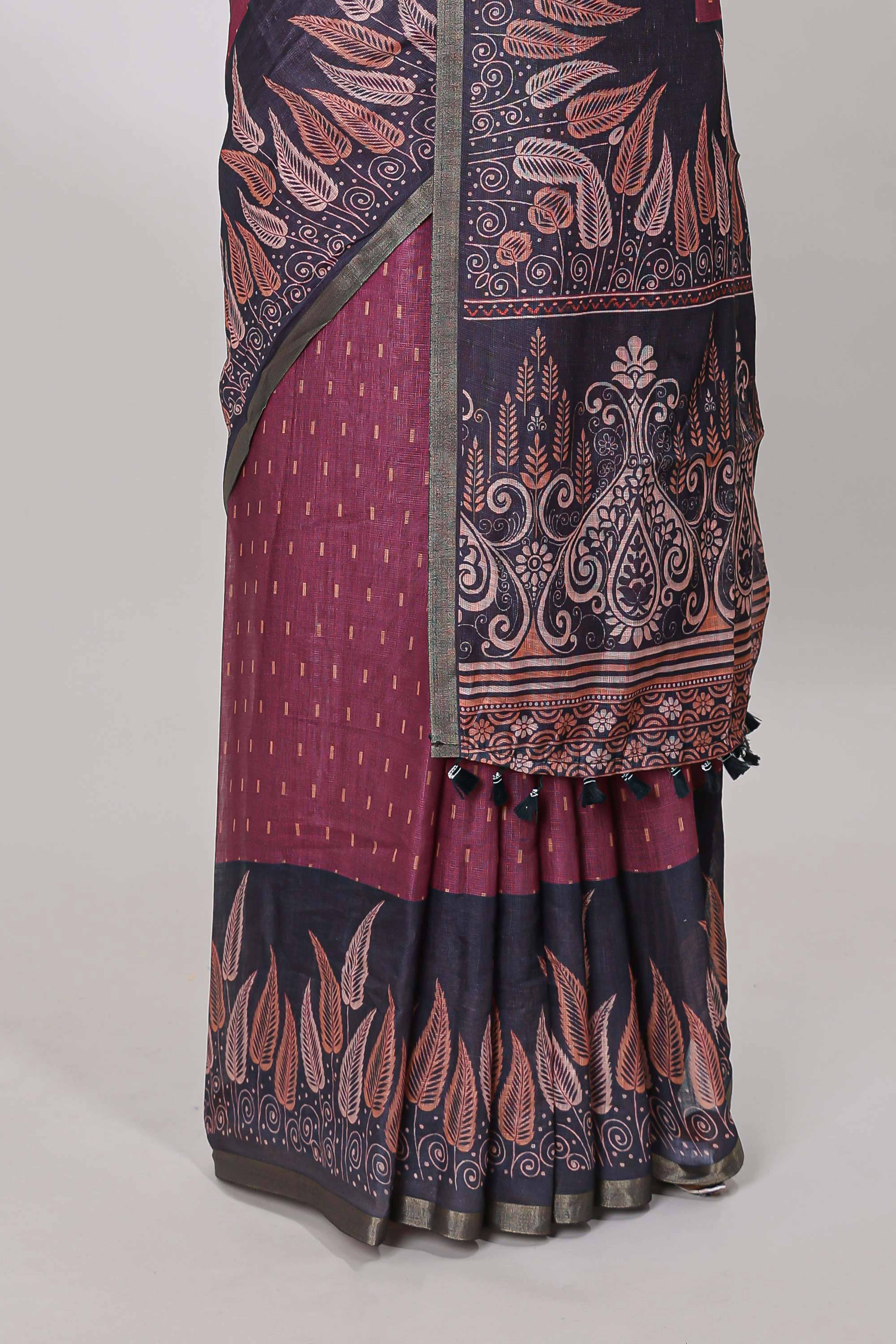Festive maroon linen cotton saree