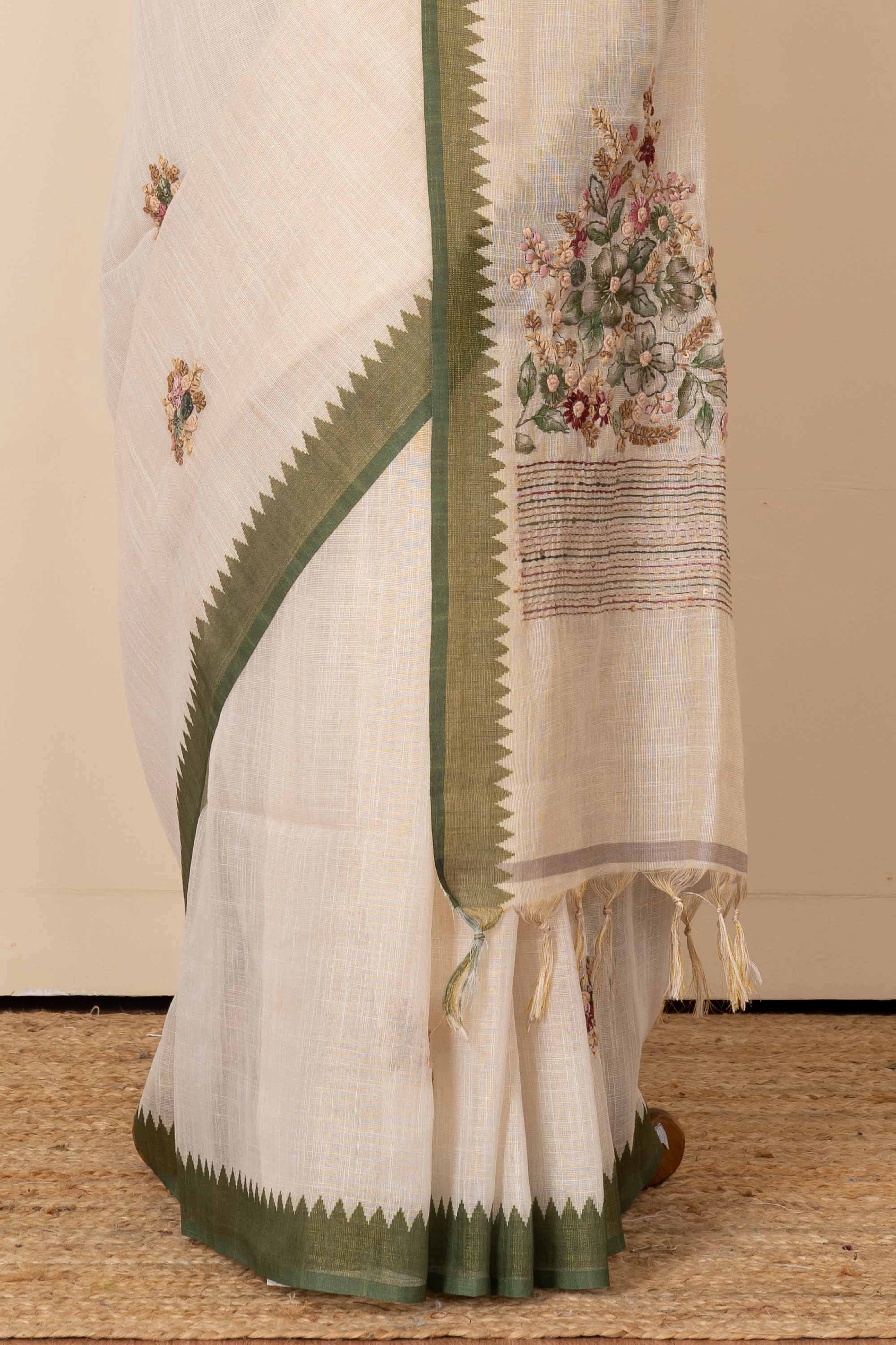 Floral embroidery linen saree