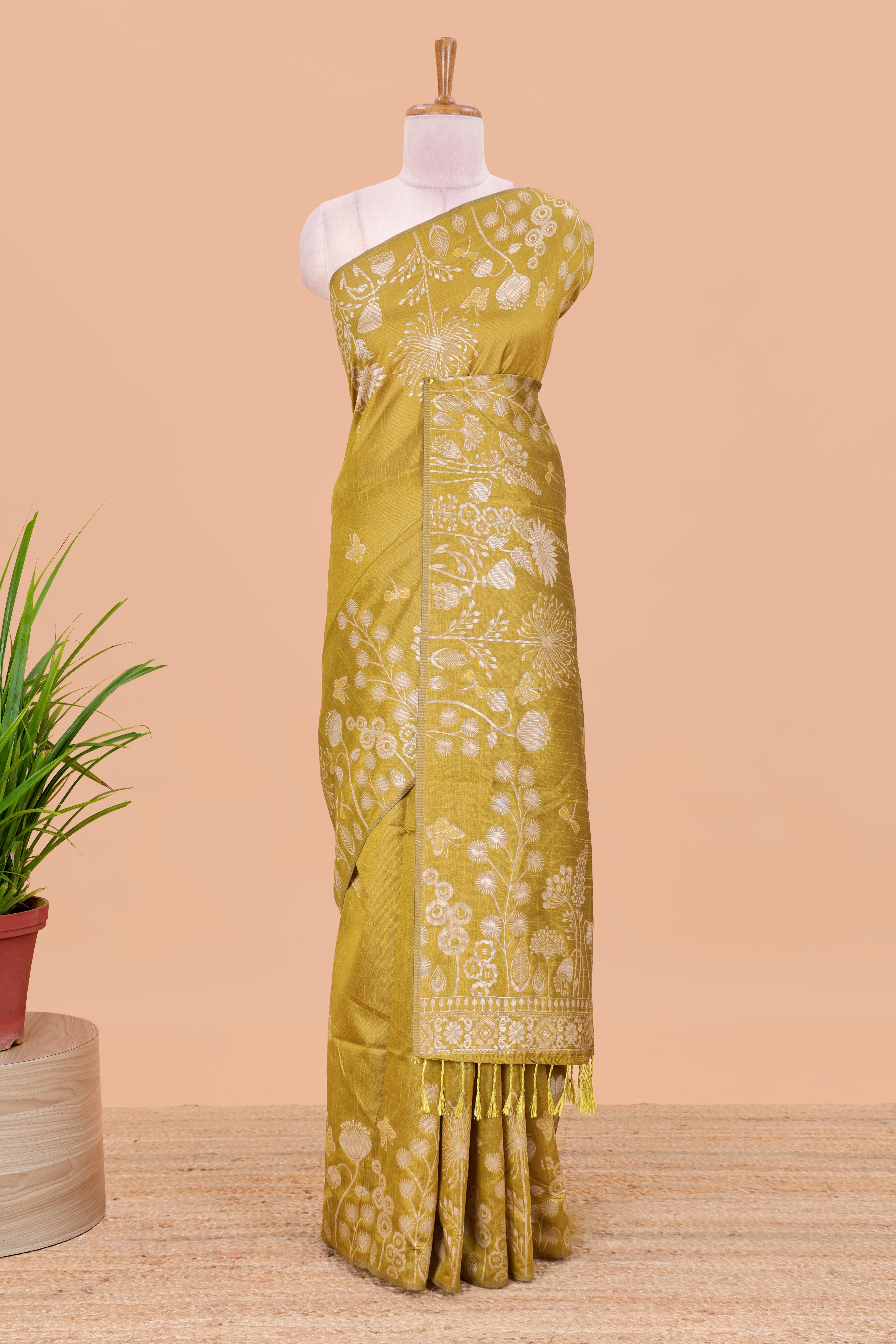 Floral motif yellow munga saree