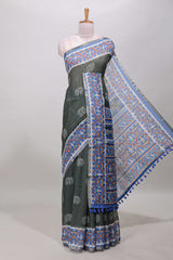 Forest green elephant motifs linen cotton saree