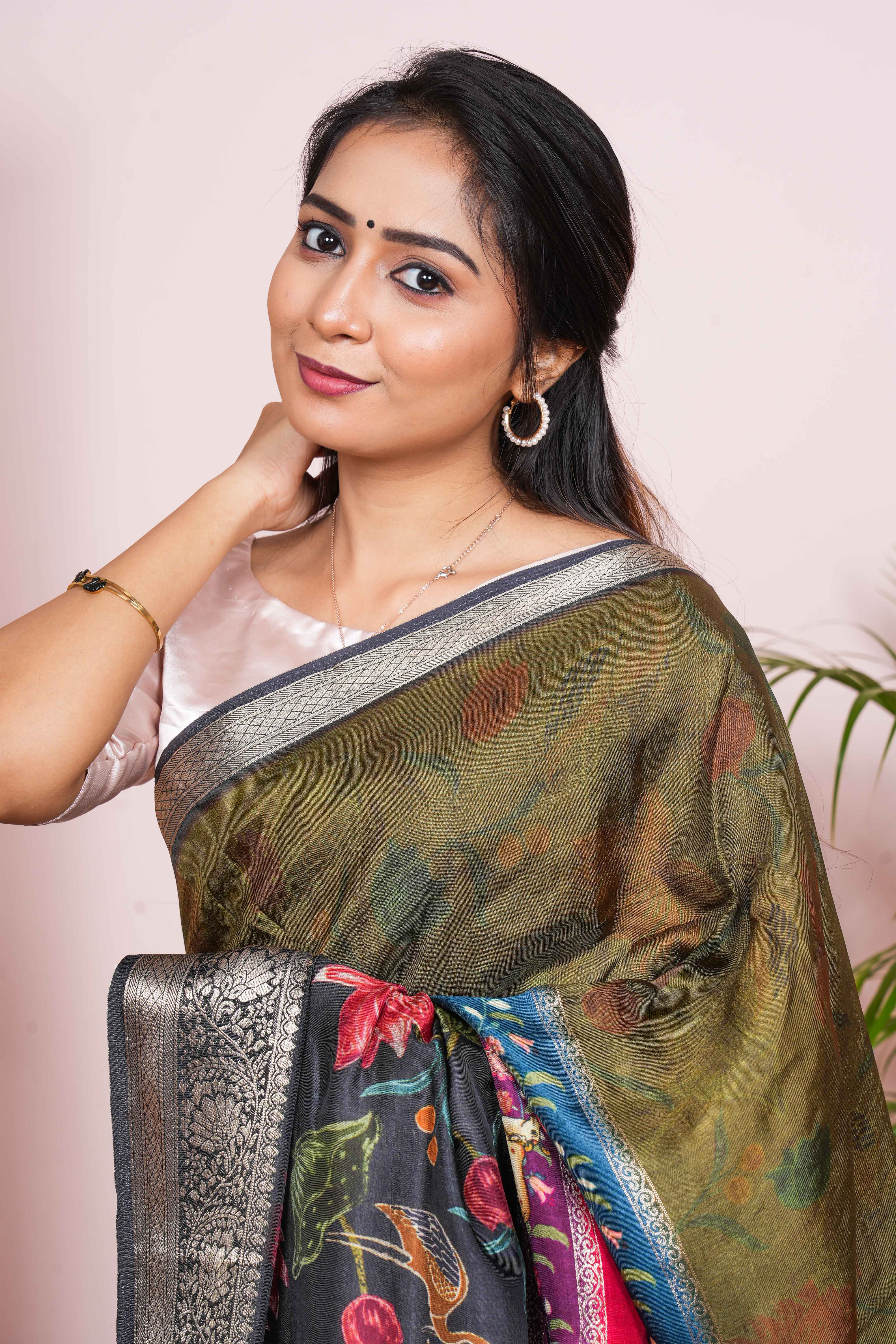 GREEN SAREE WITH SILVER BORDER