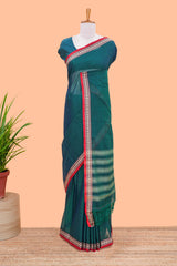 Green Chettinad cotton saree striped pallu design