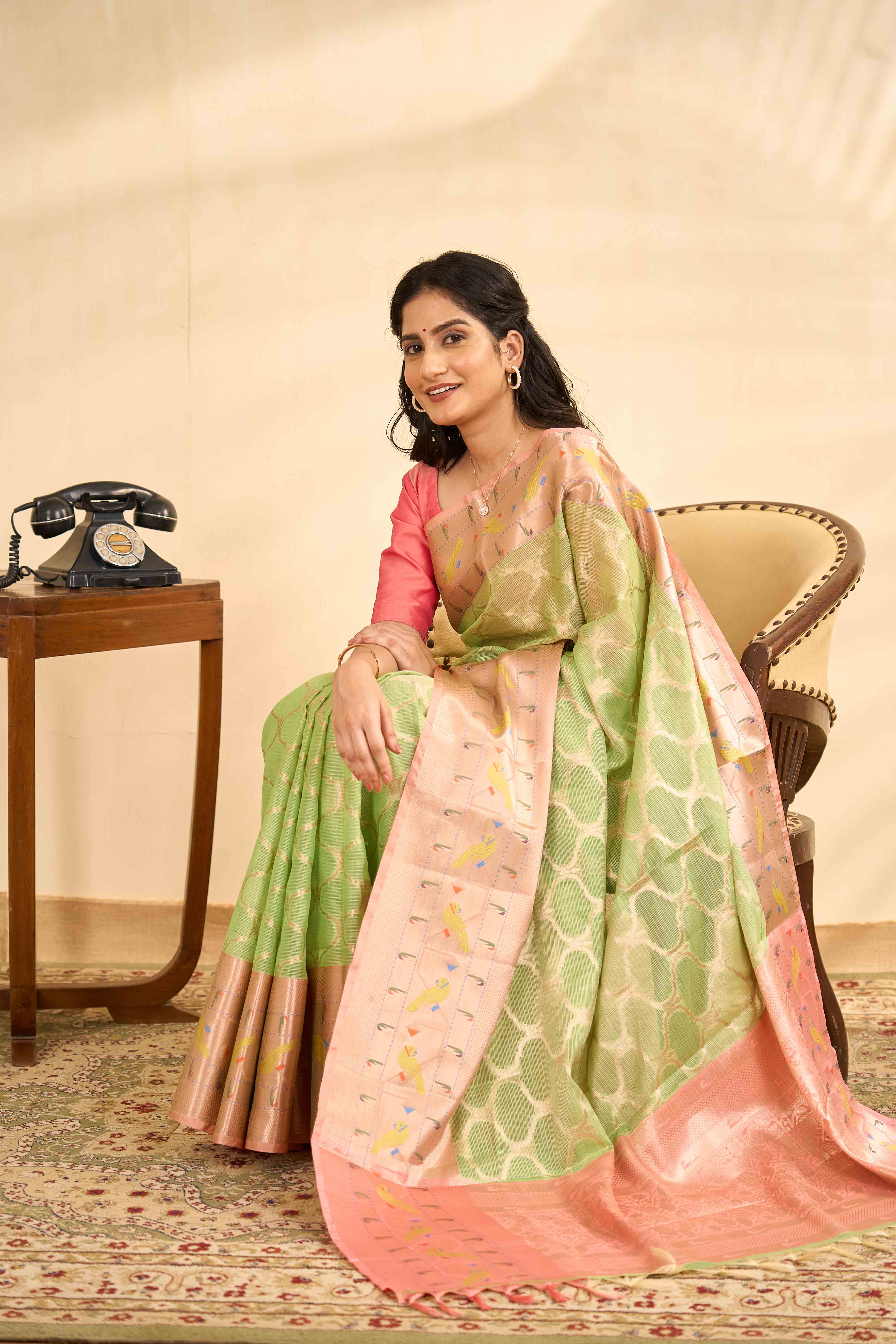 Green Kota cotton saree pink border