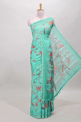 Green bird and floral linen cotton saree