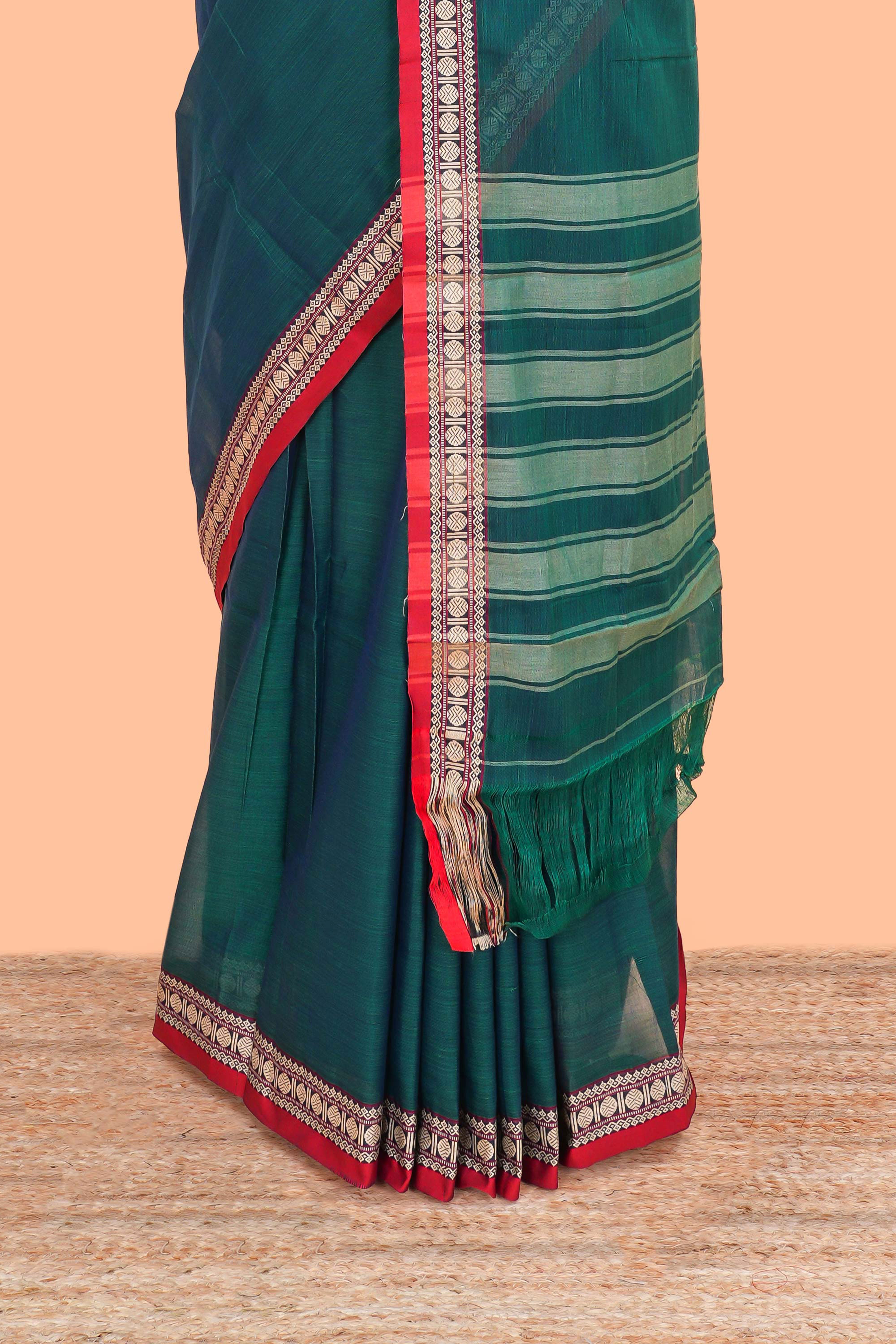 Green casual Chettinad cotton sarees striped pallu