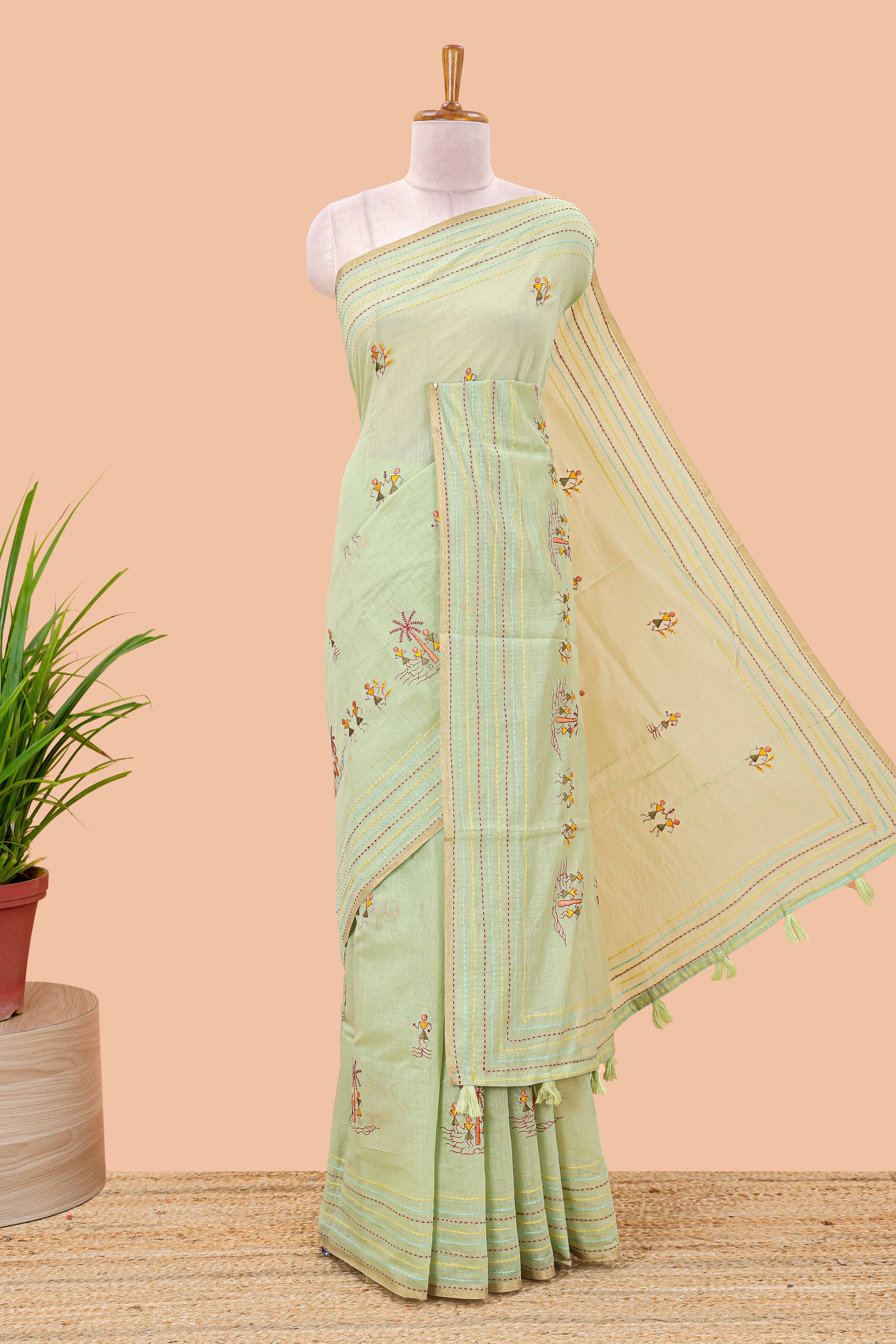 Green chanderi cotton saree warli art embroidery pallu