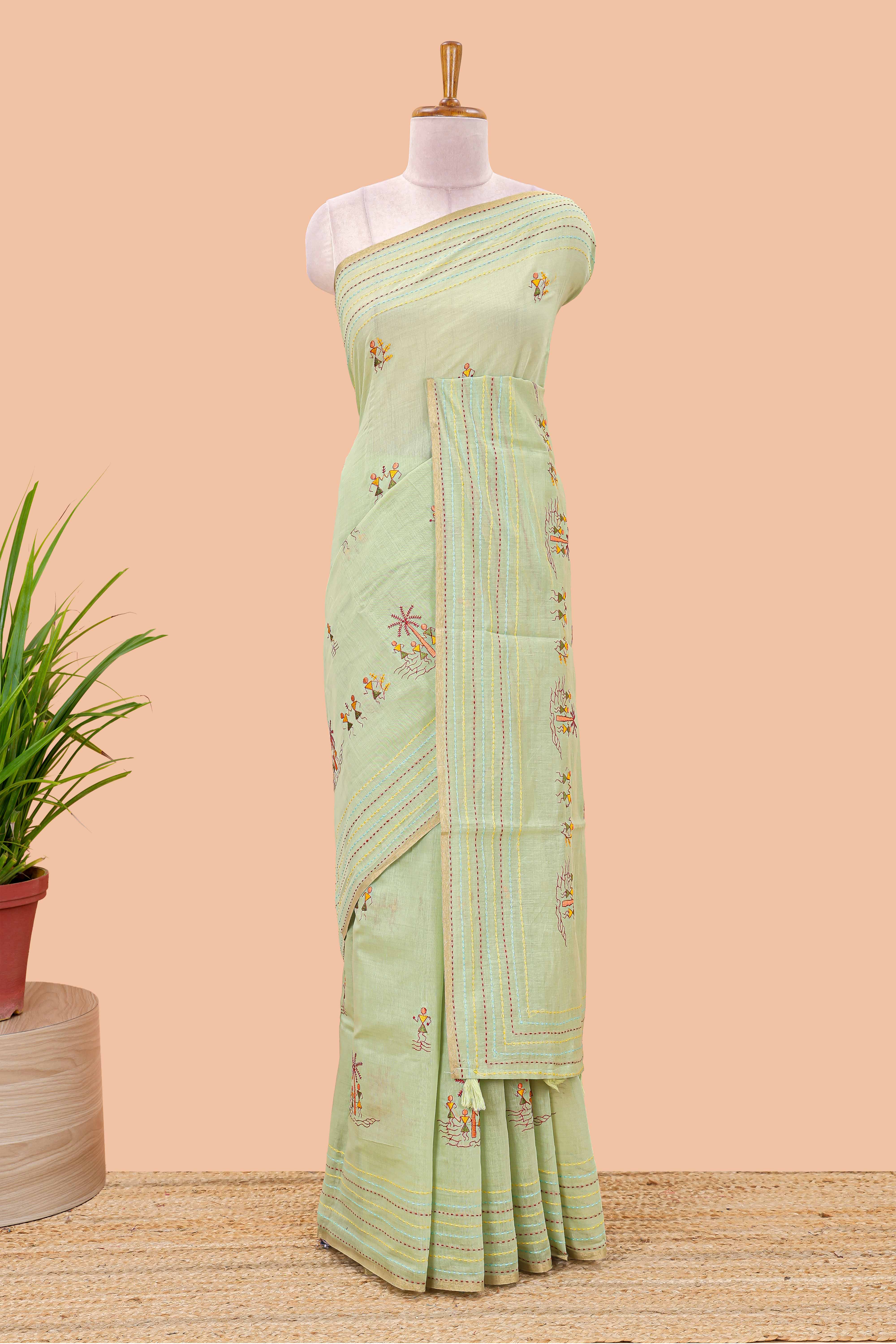 Green chanderi cotton saree warli design