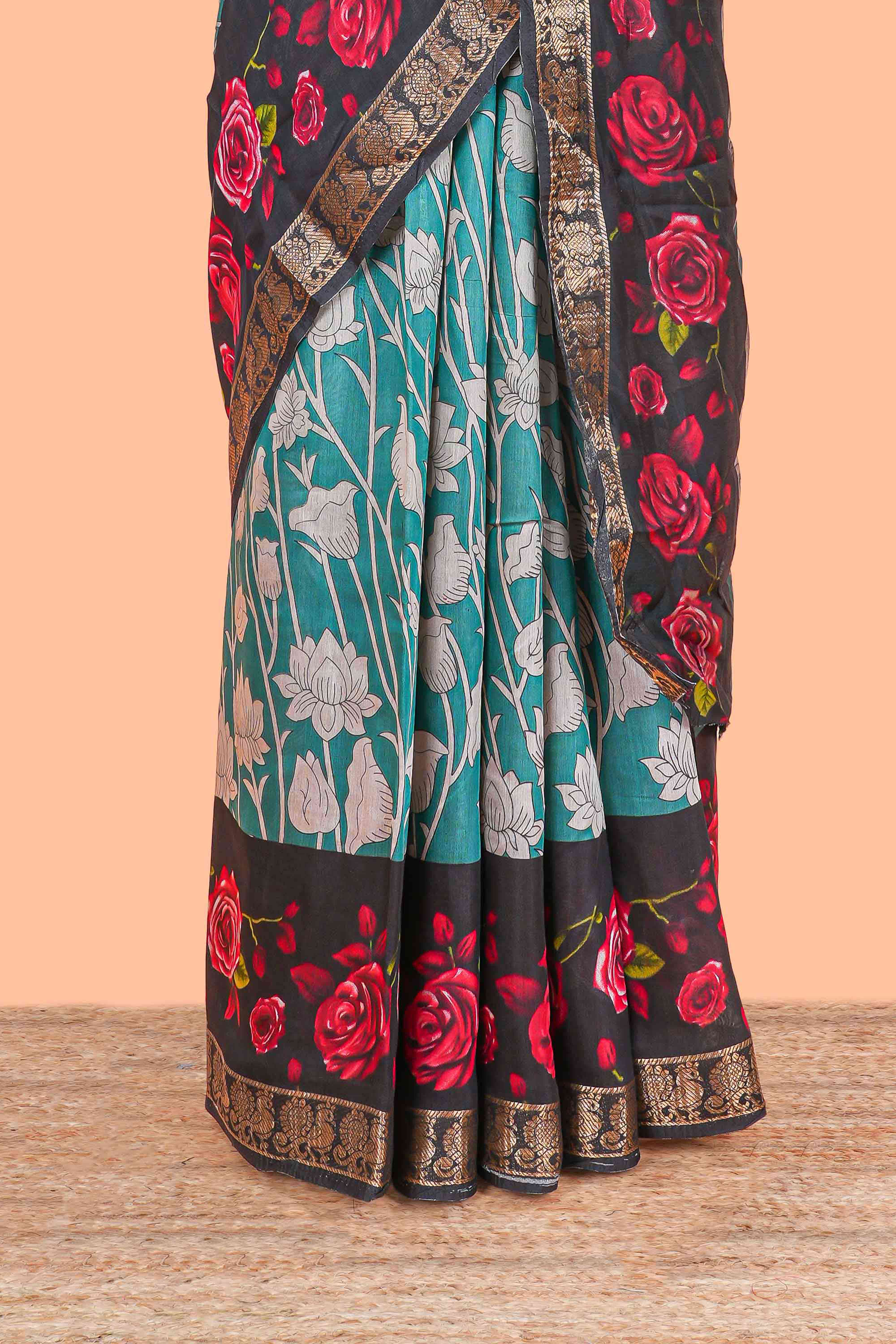 Green chanderi cotton saree with zari border