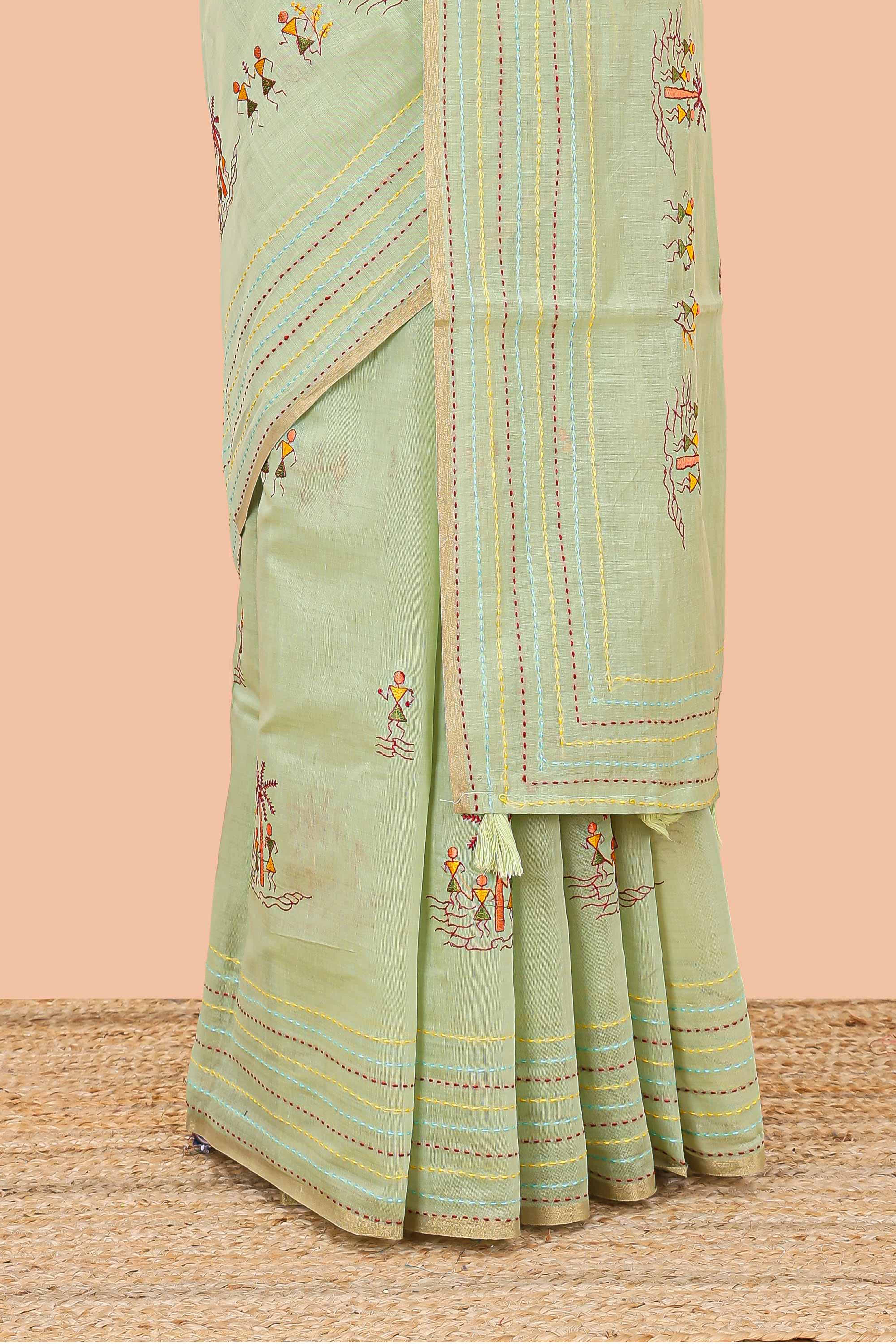 Green chanderi cotton sarees with borders