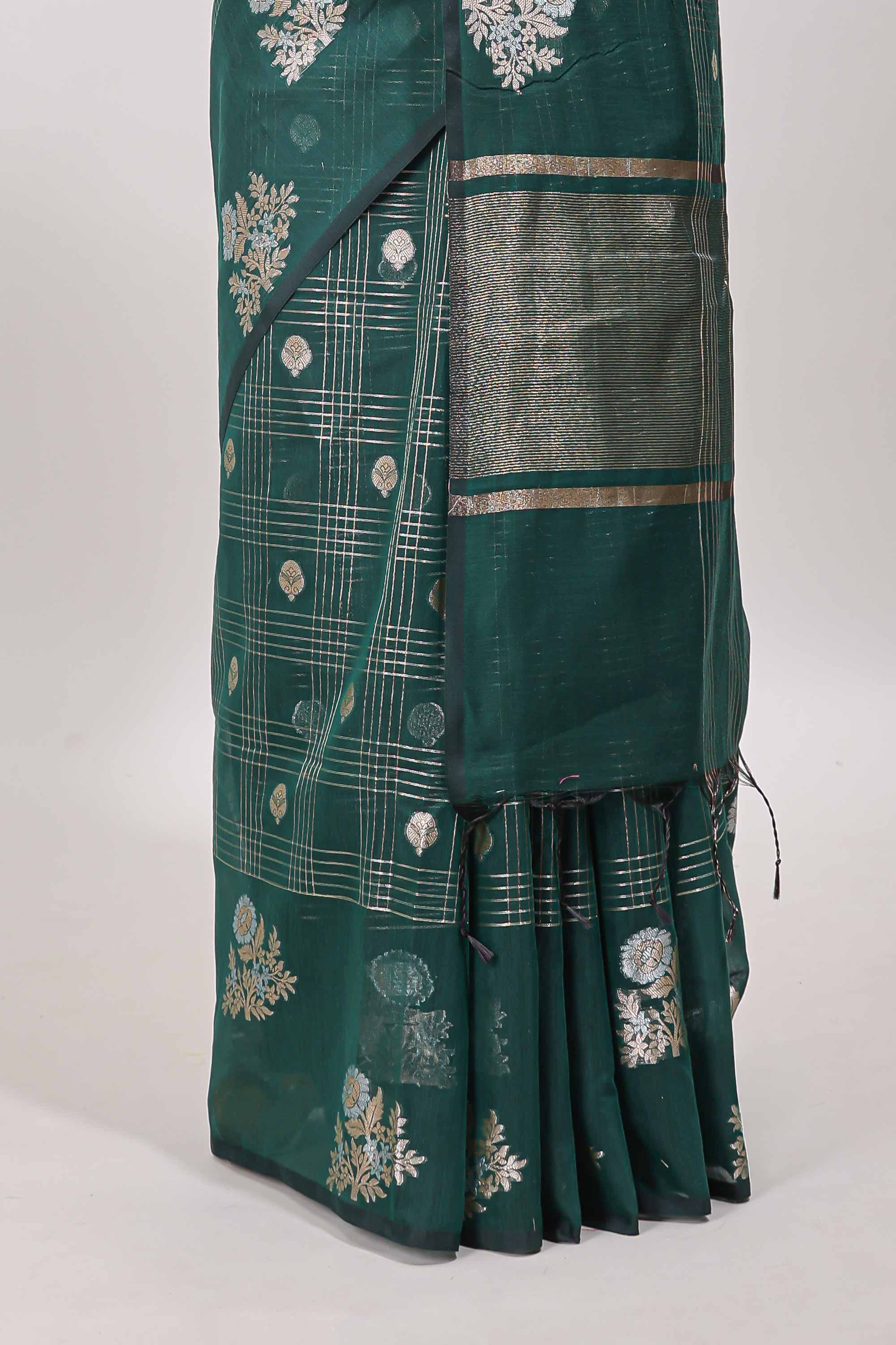 Green chanderi saree self border striped blouse