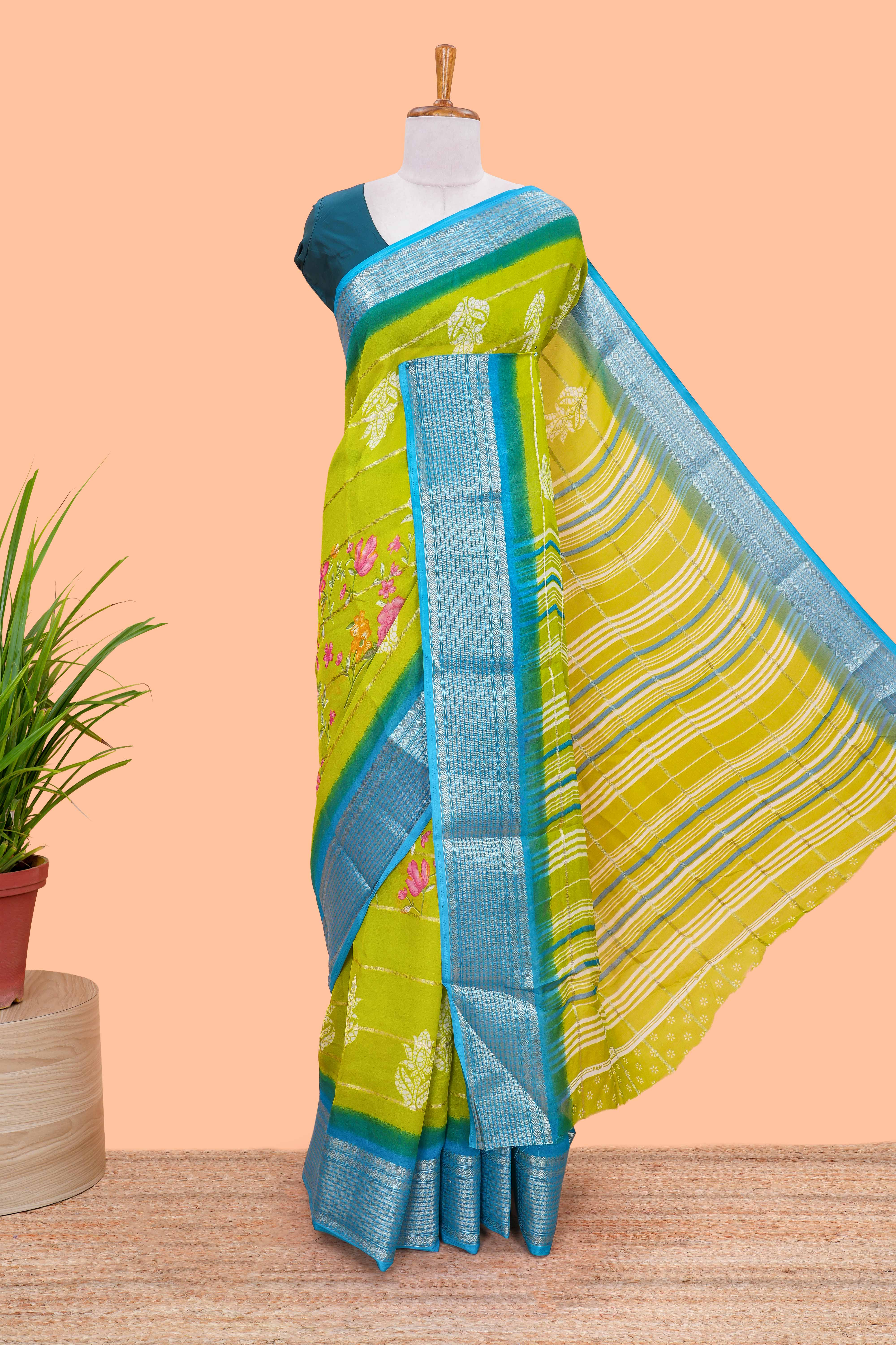 Green chiffon georgette striped saree