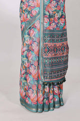 Green contrast linen cotton saree