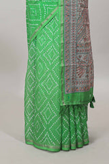 Green contrast print pallu linen cotton saree