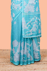 Green cotton linen sarees with floral pattern