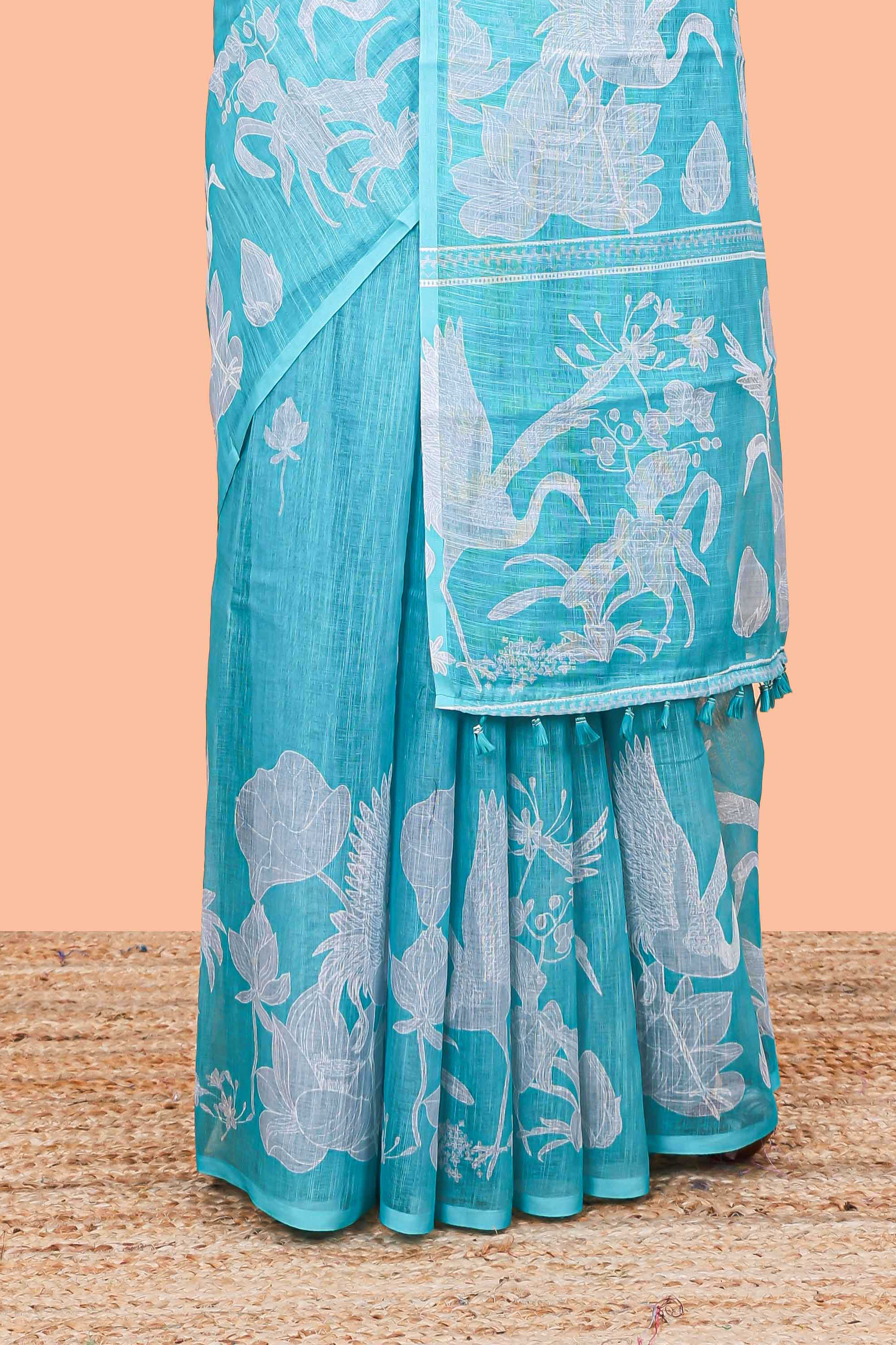 Green cotton linen sarees with floral pattern
