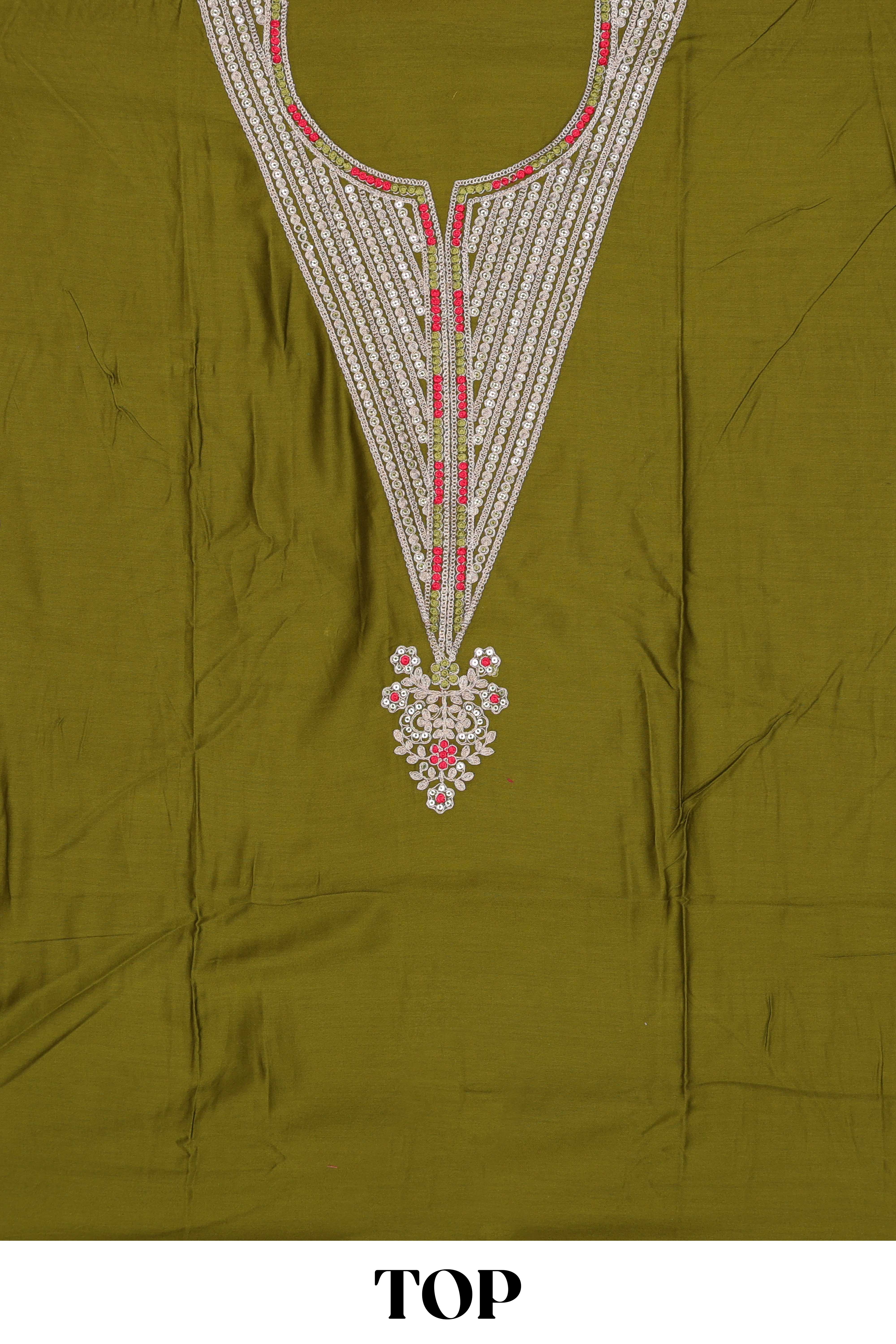 Green cotton silk embroidered dress material