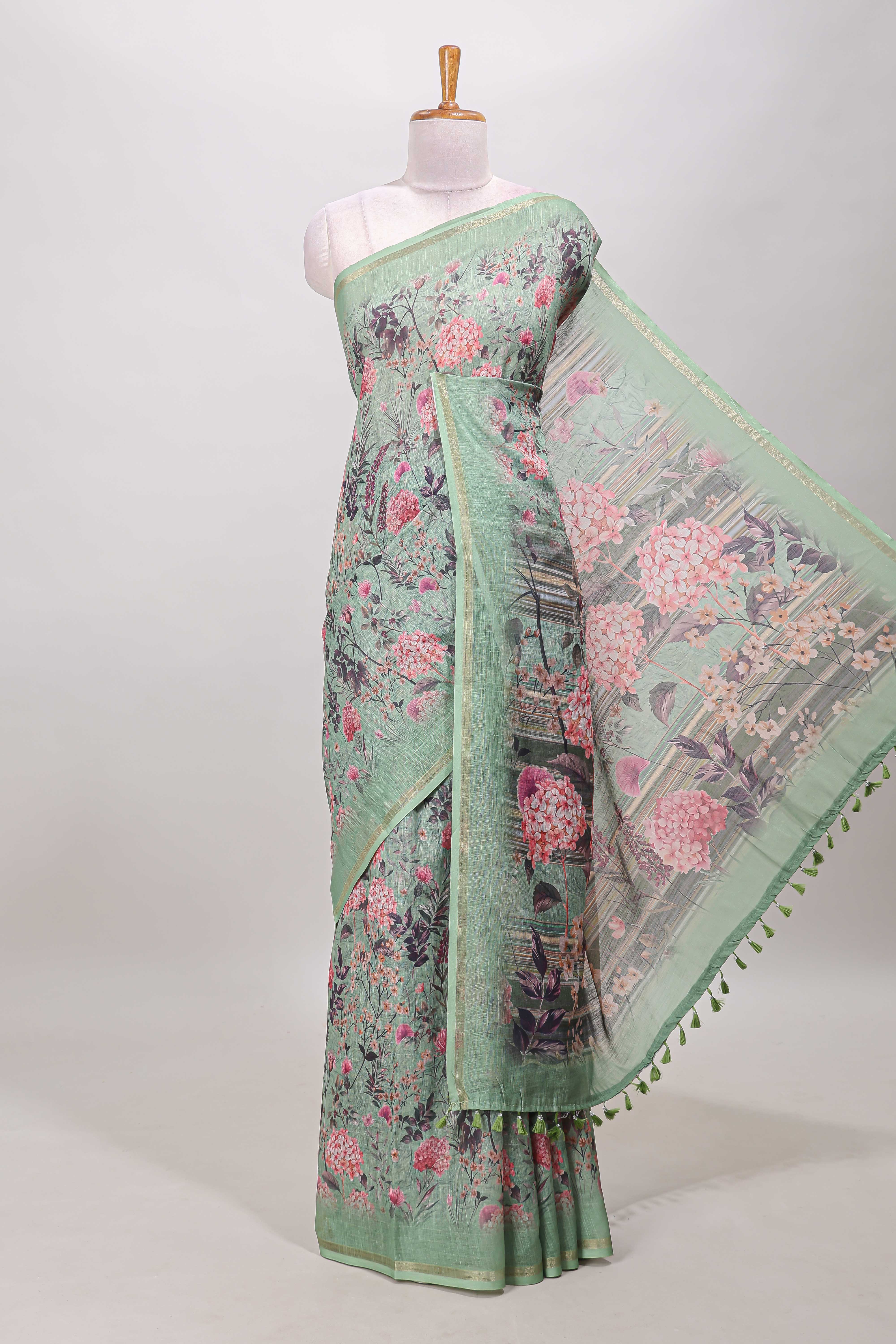 Green floral design linen cotton saree