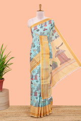Green floral print Chirala cotton saree with zari border