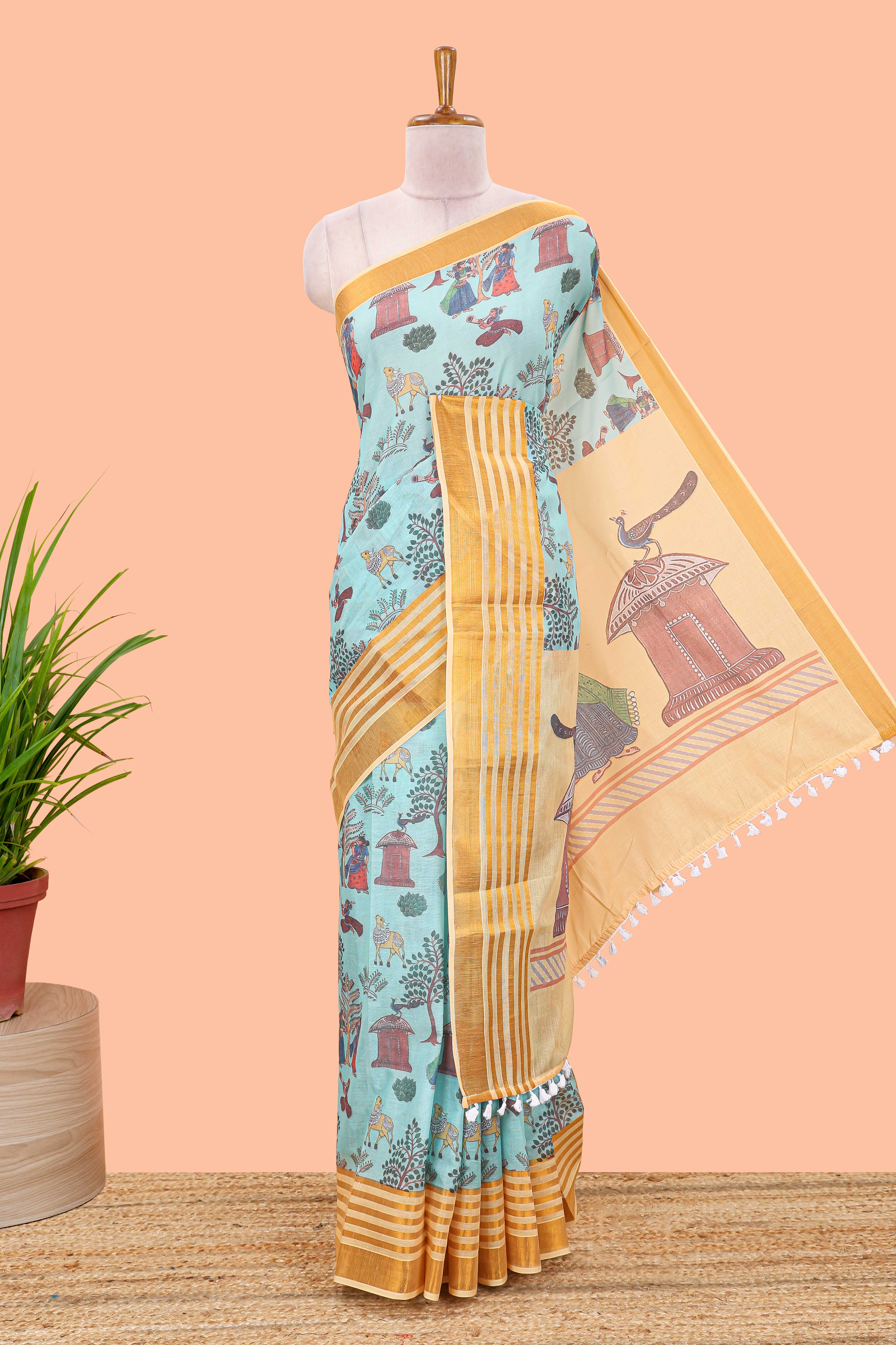 Green floral print Chirala cotton saree with zari border