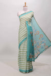 Green floral striped linen cotton saree