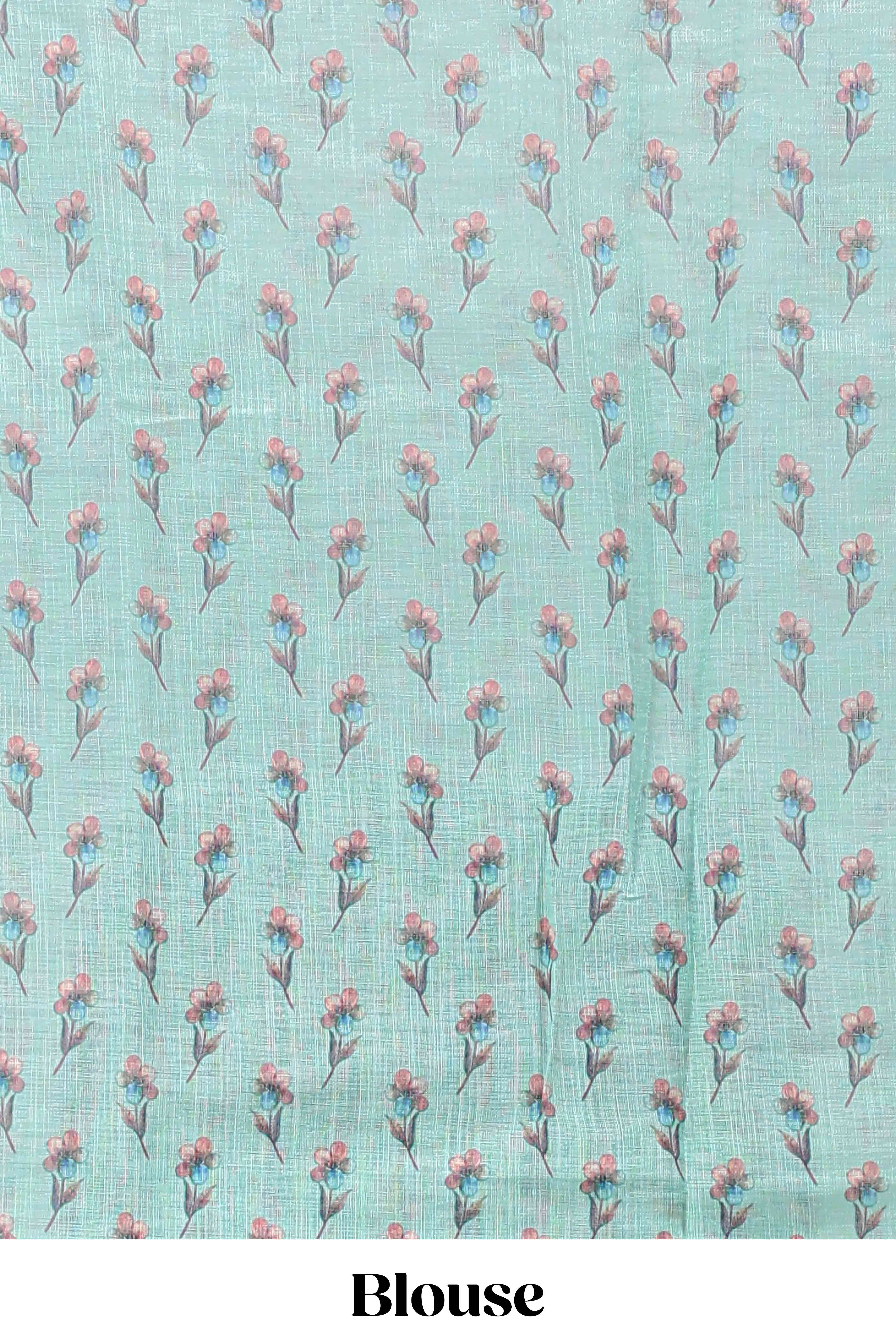 Green floral vine pattern linen saree