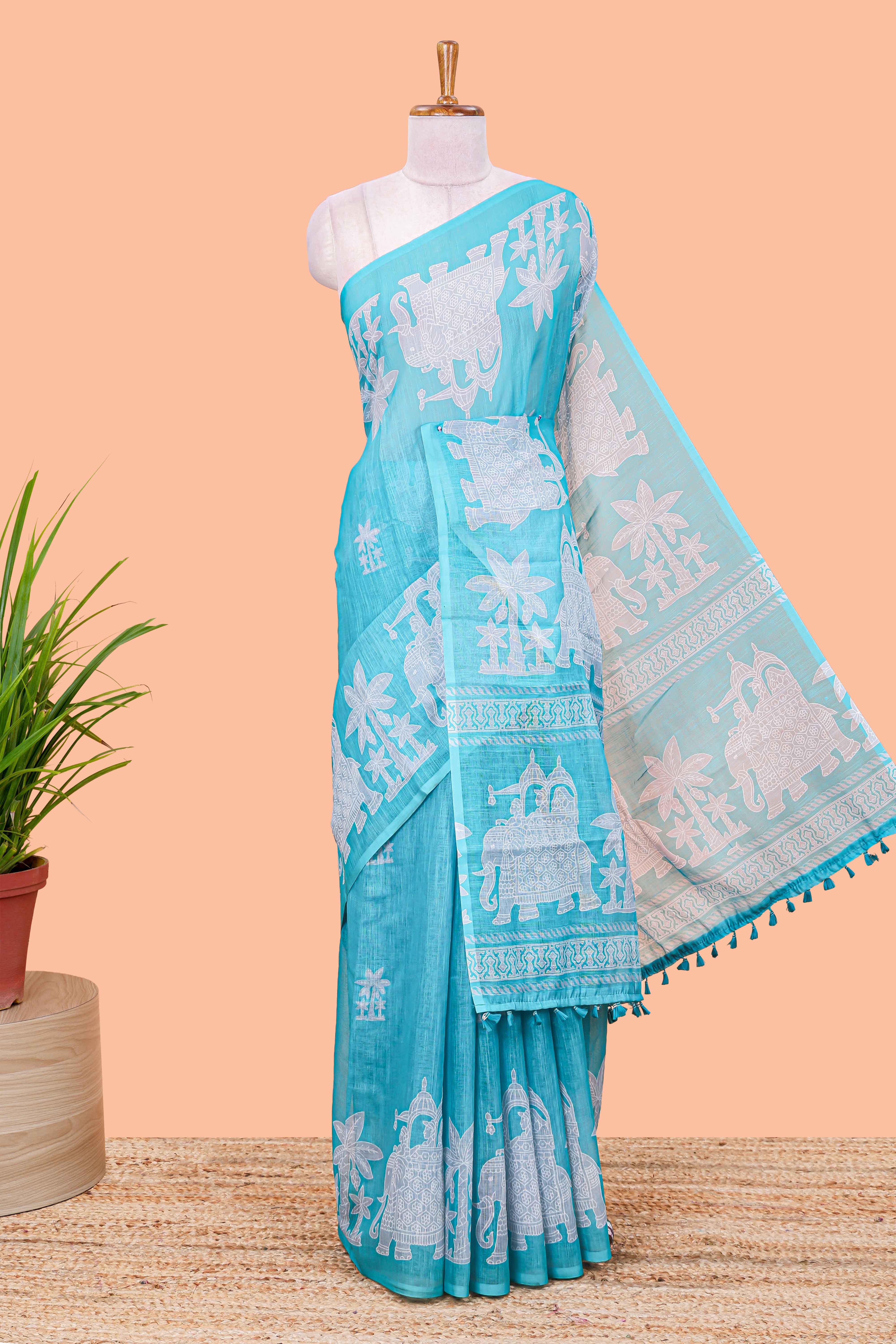Green linen cotton saree with contrast pallu