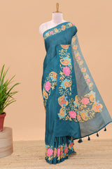 Green linen silk saree