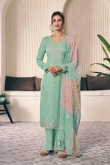 Green munga silk embroidered suit set
