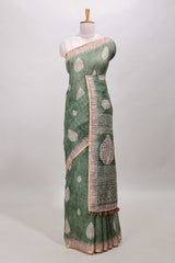 Green paisley linen cotton saree