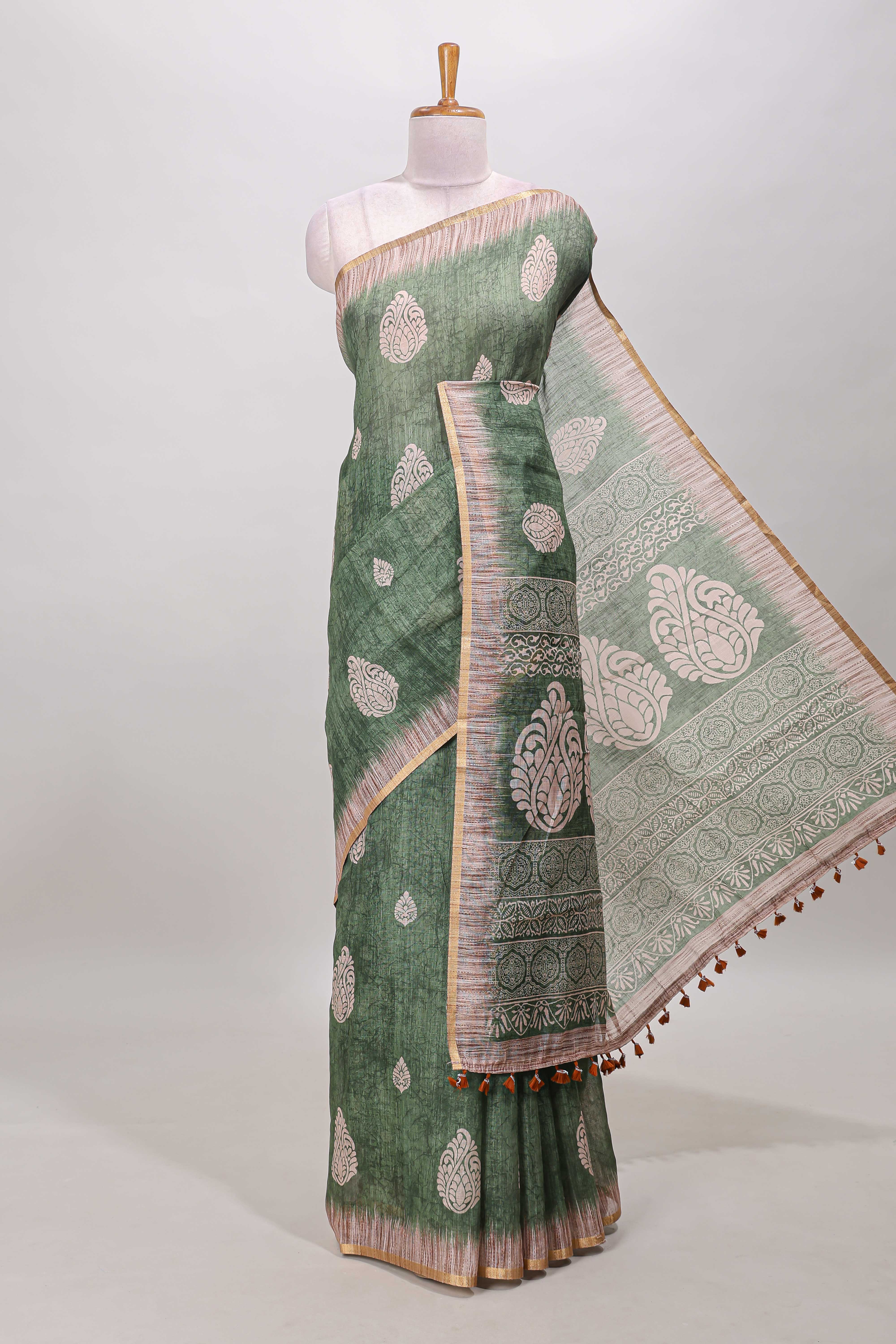 Green paisley motifs linen cotton saree