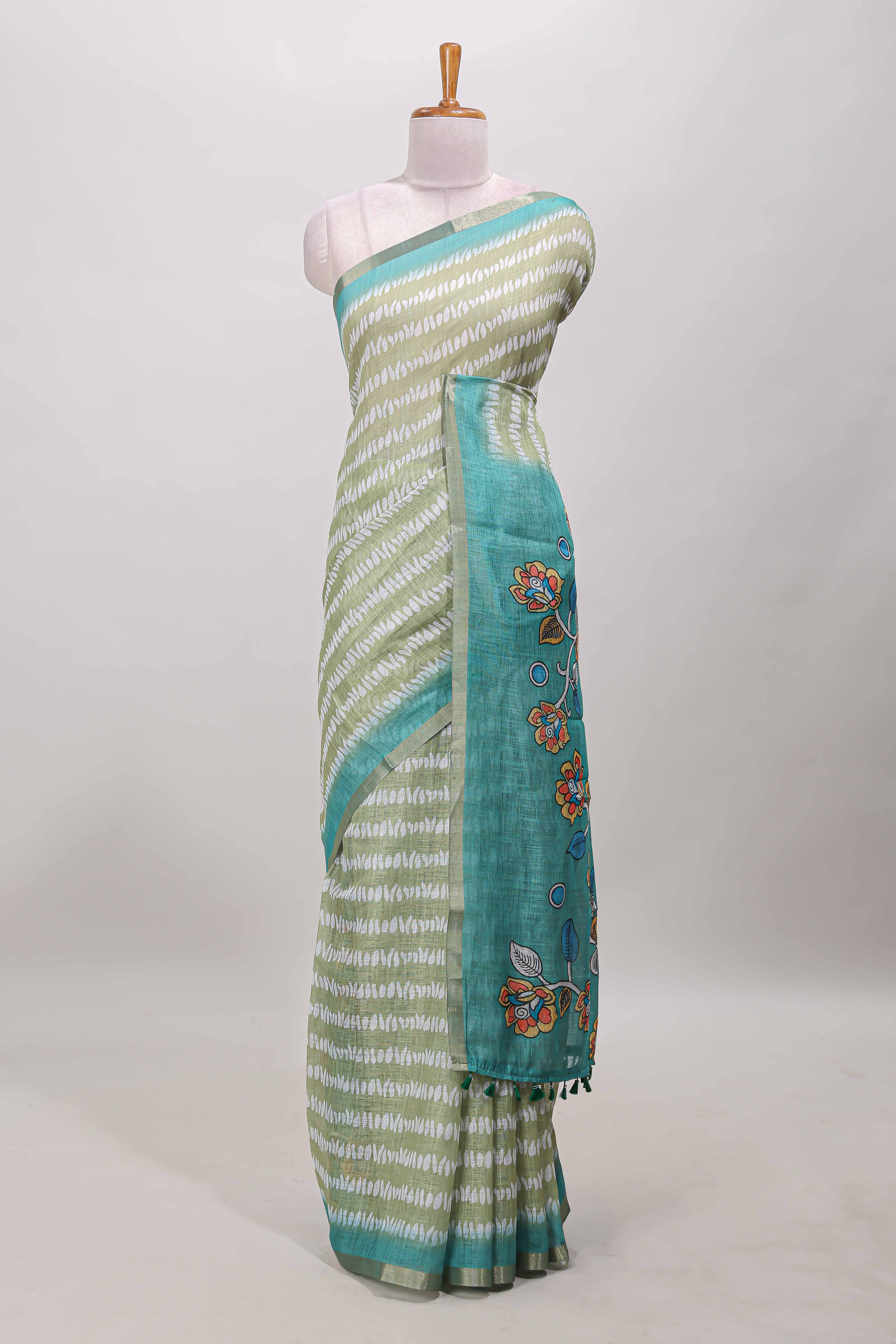 Green petal motif linen saree