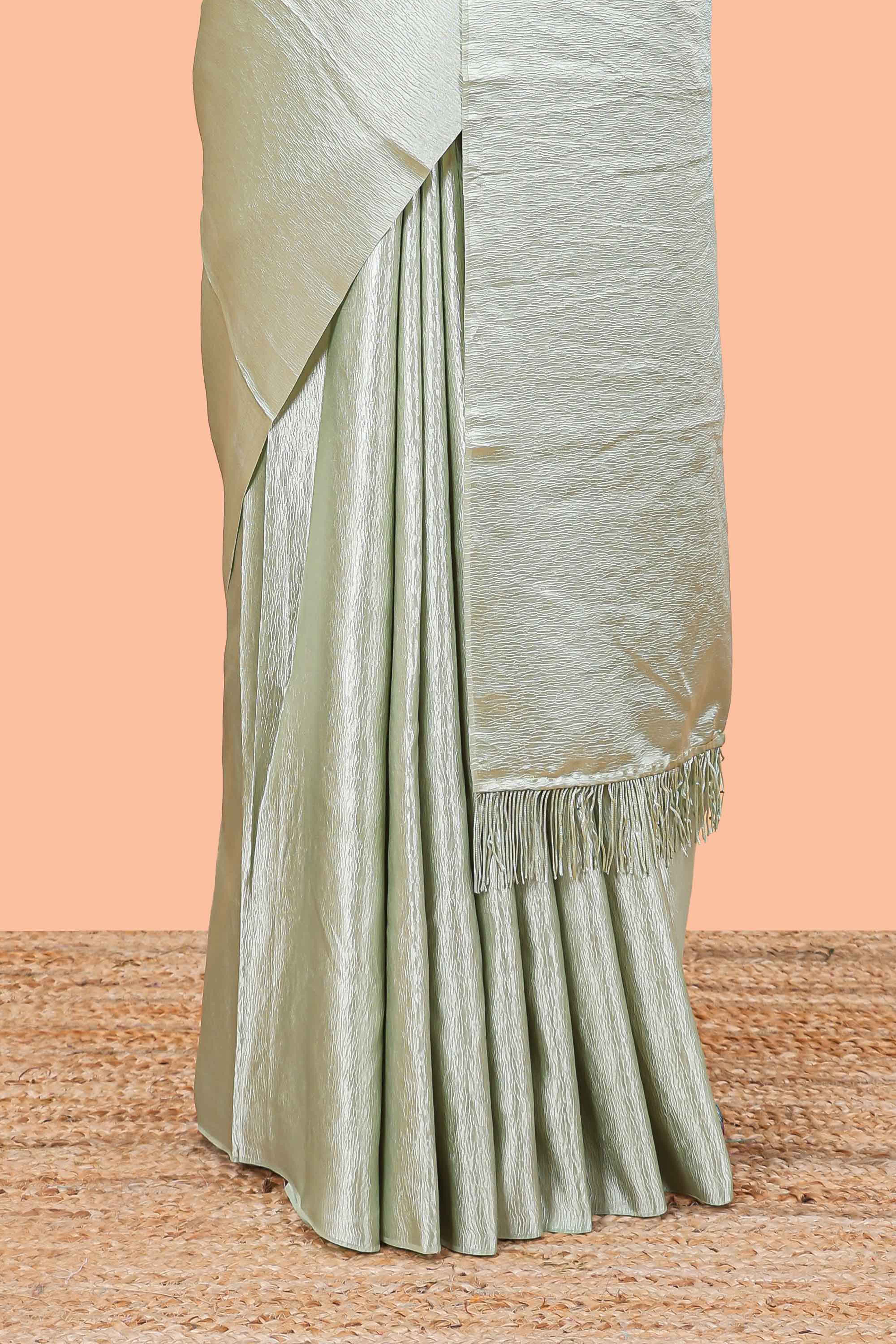 Green satin crepe elegant drape saree