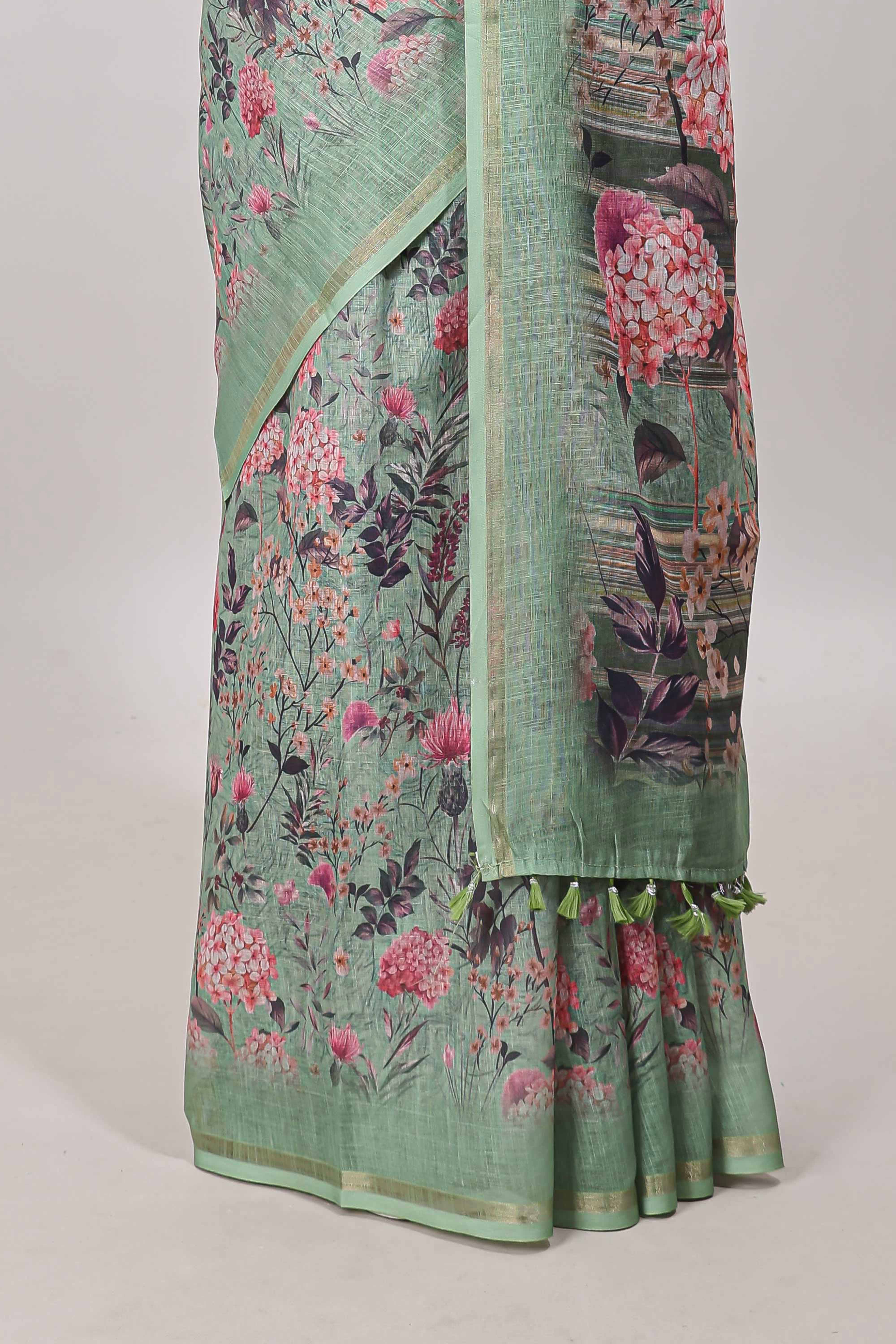 Green self zari border saree