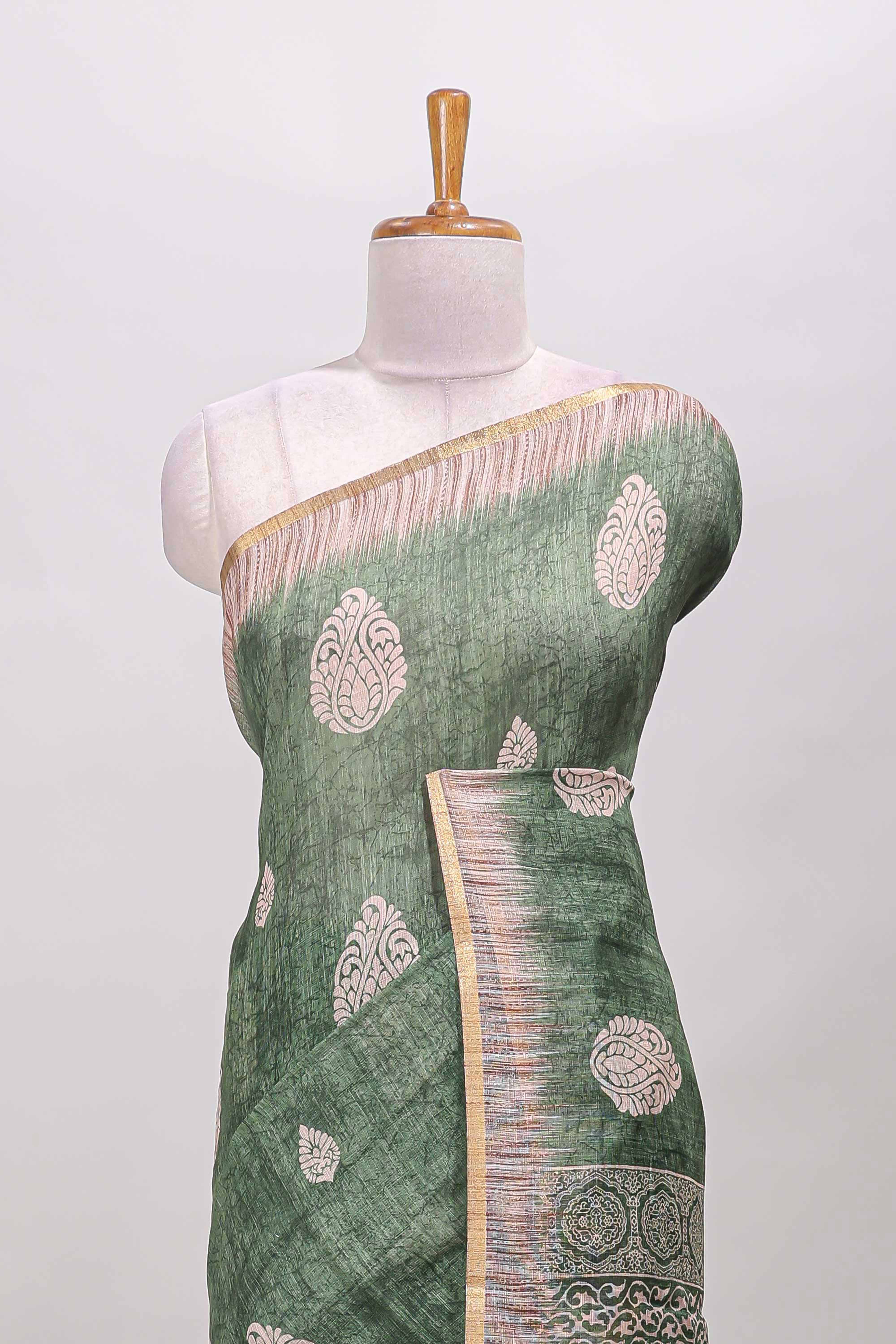 Green self zari border sarees