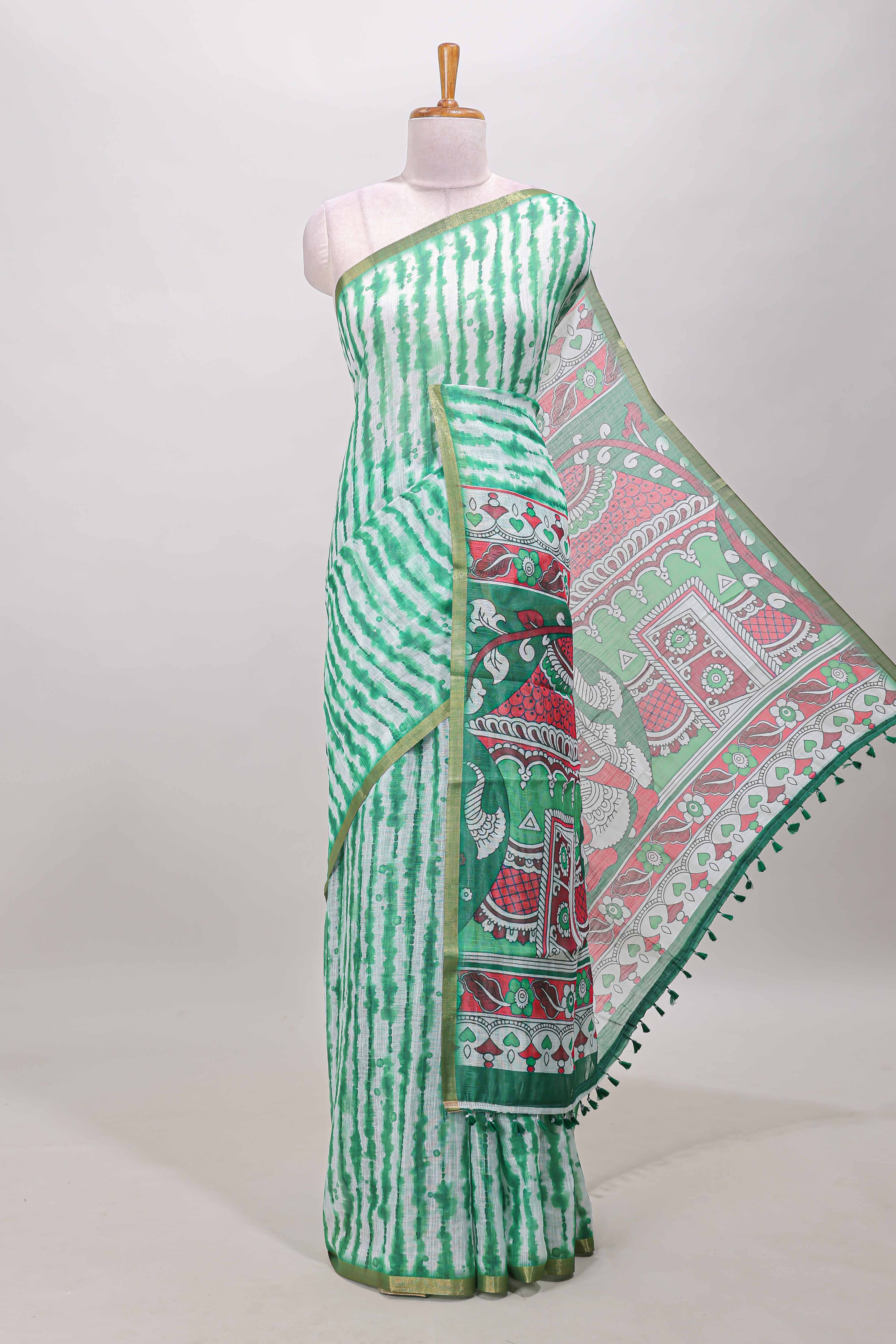 Green shibori striped linen cotton saree