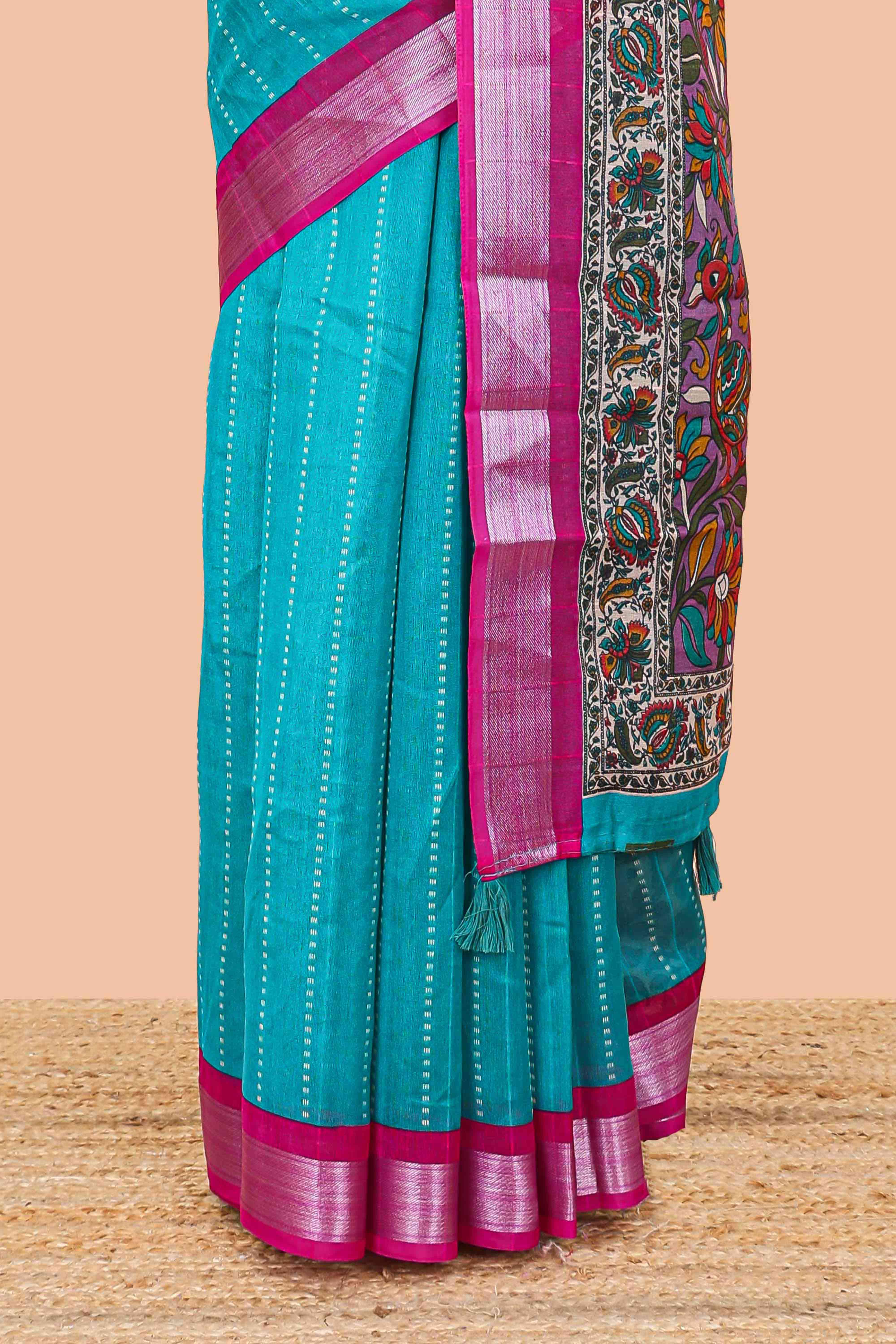 Green traditional linen cotton saree
