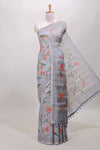 Grey bird and floral linen cotton saree
