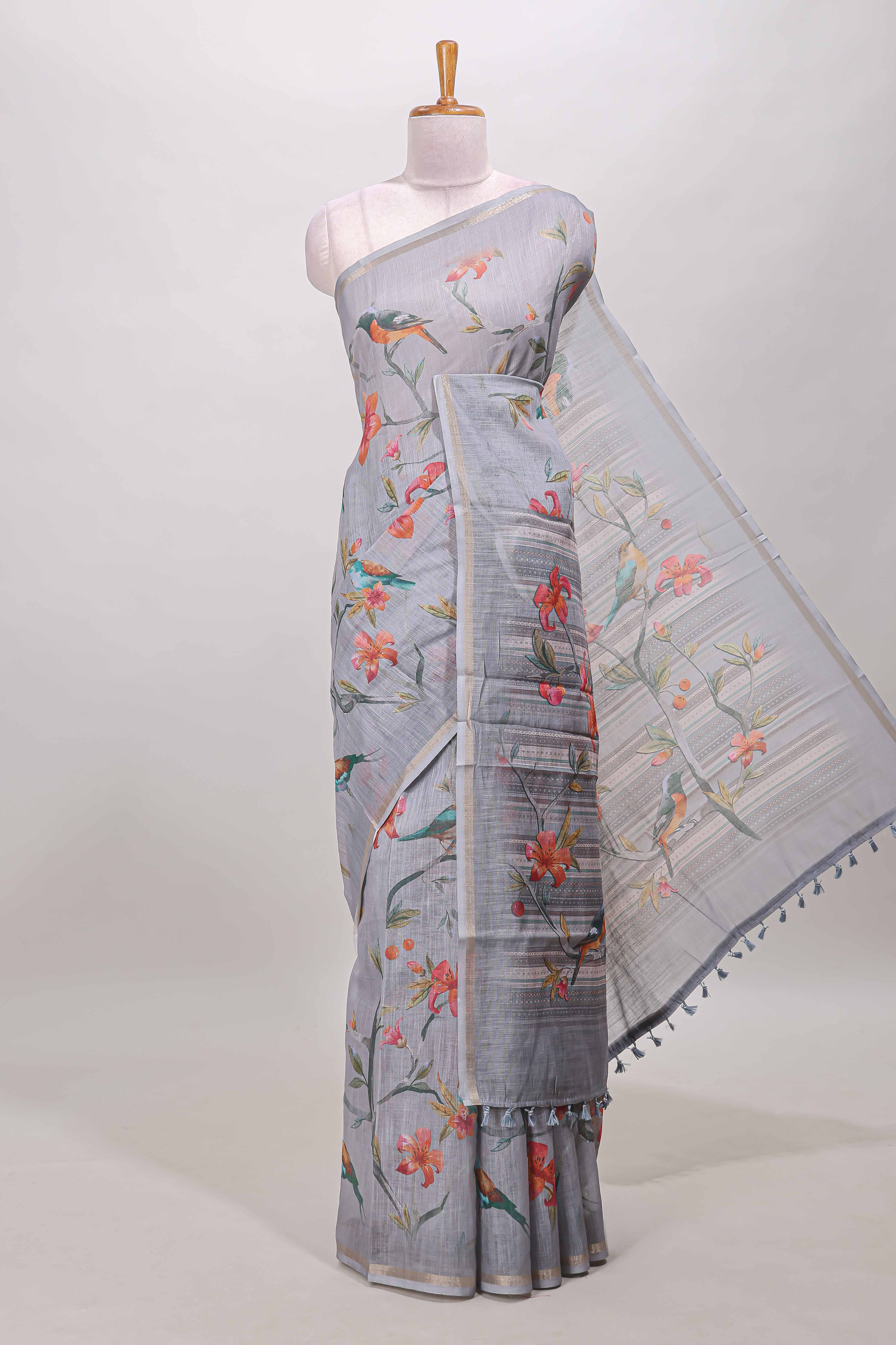Grey bird and floral linen cotton saree