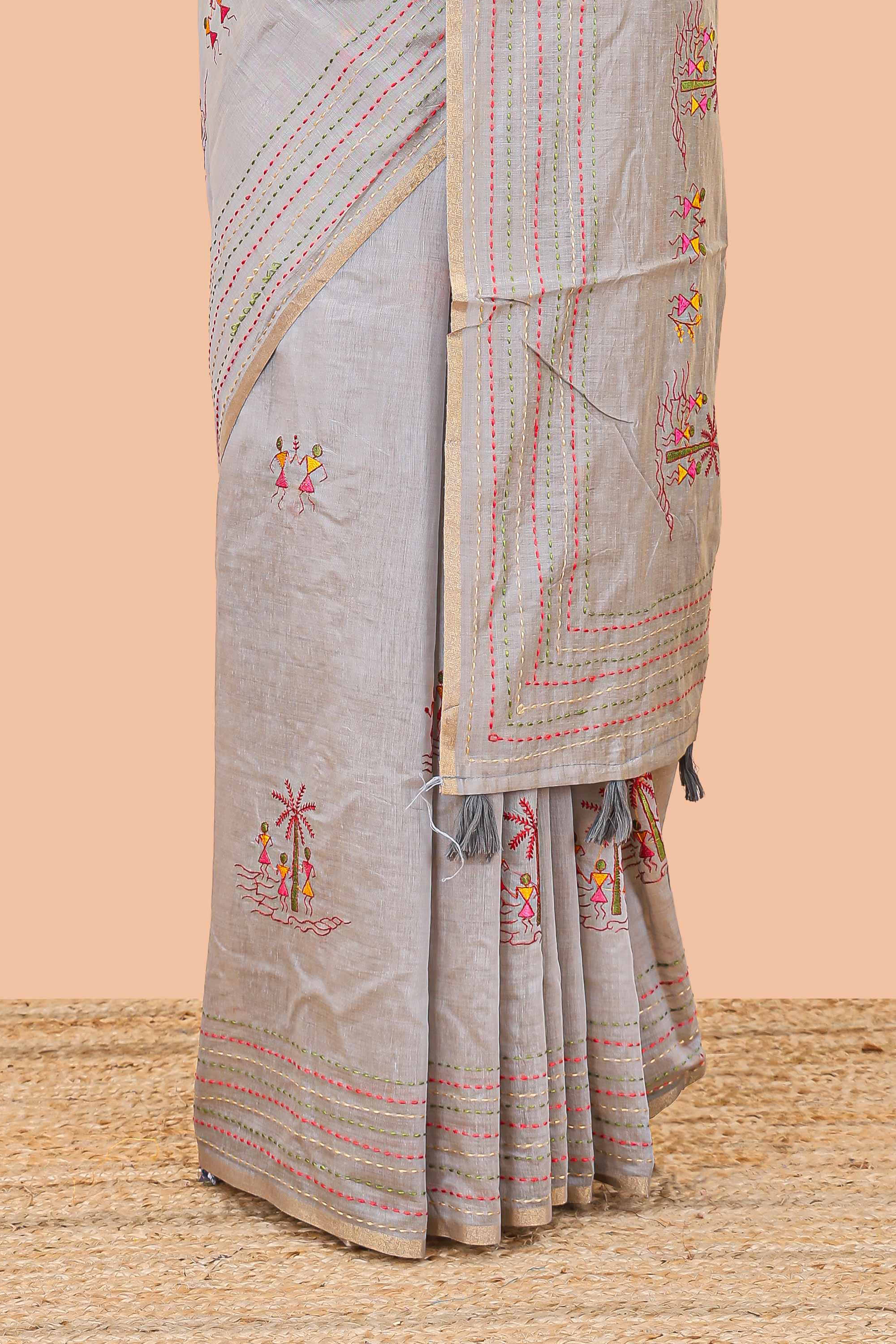 Grey chanderi cotton saree with borders