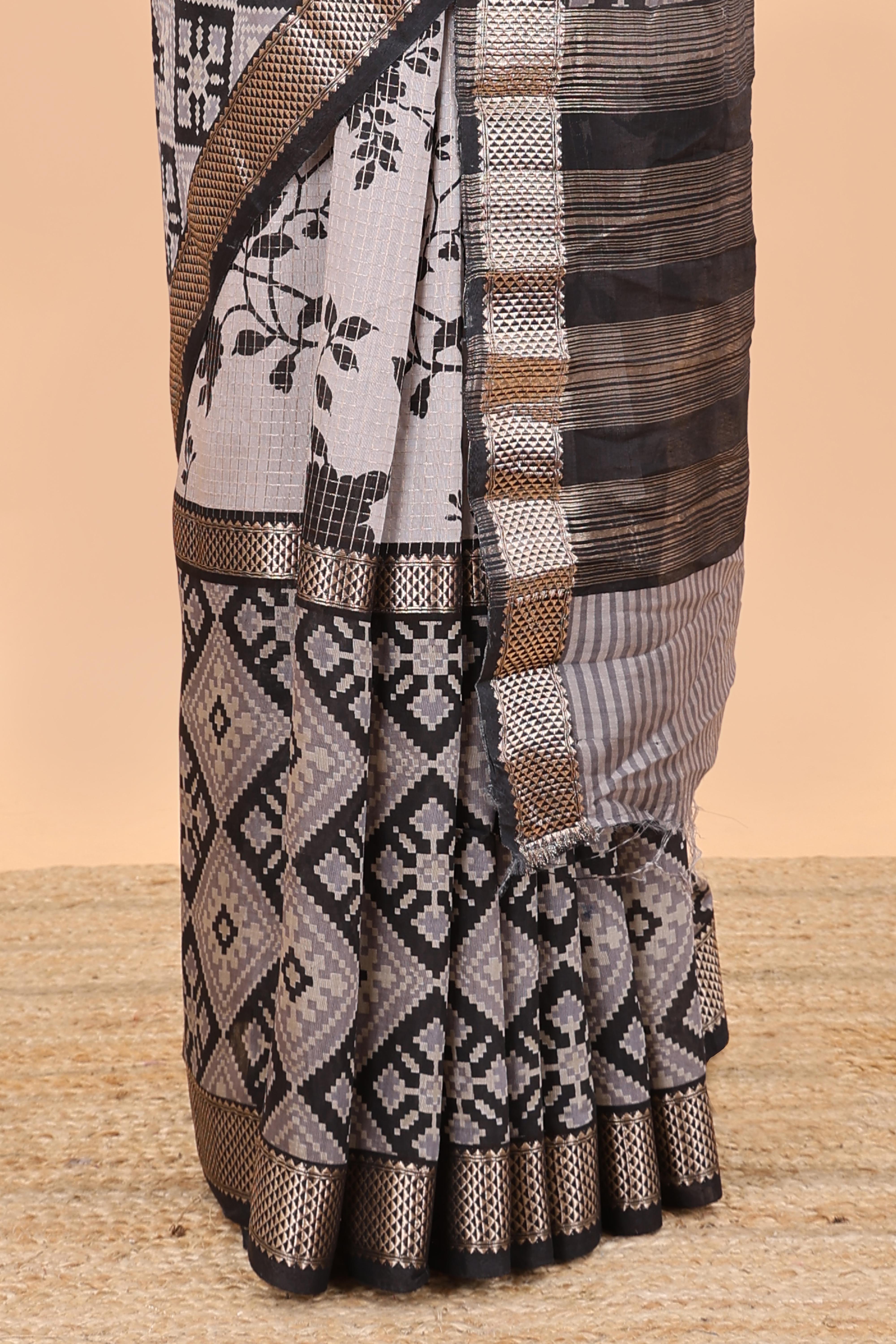 Grey checked pattern chanderi saree