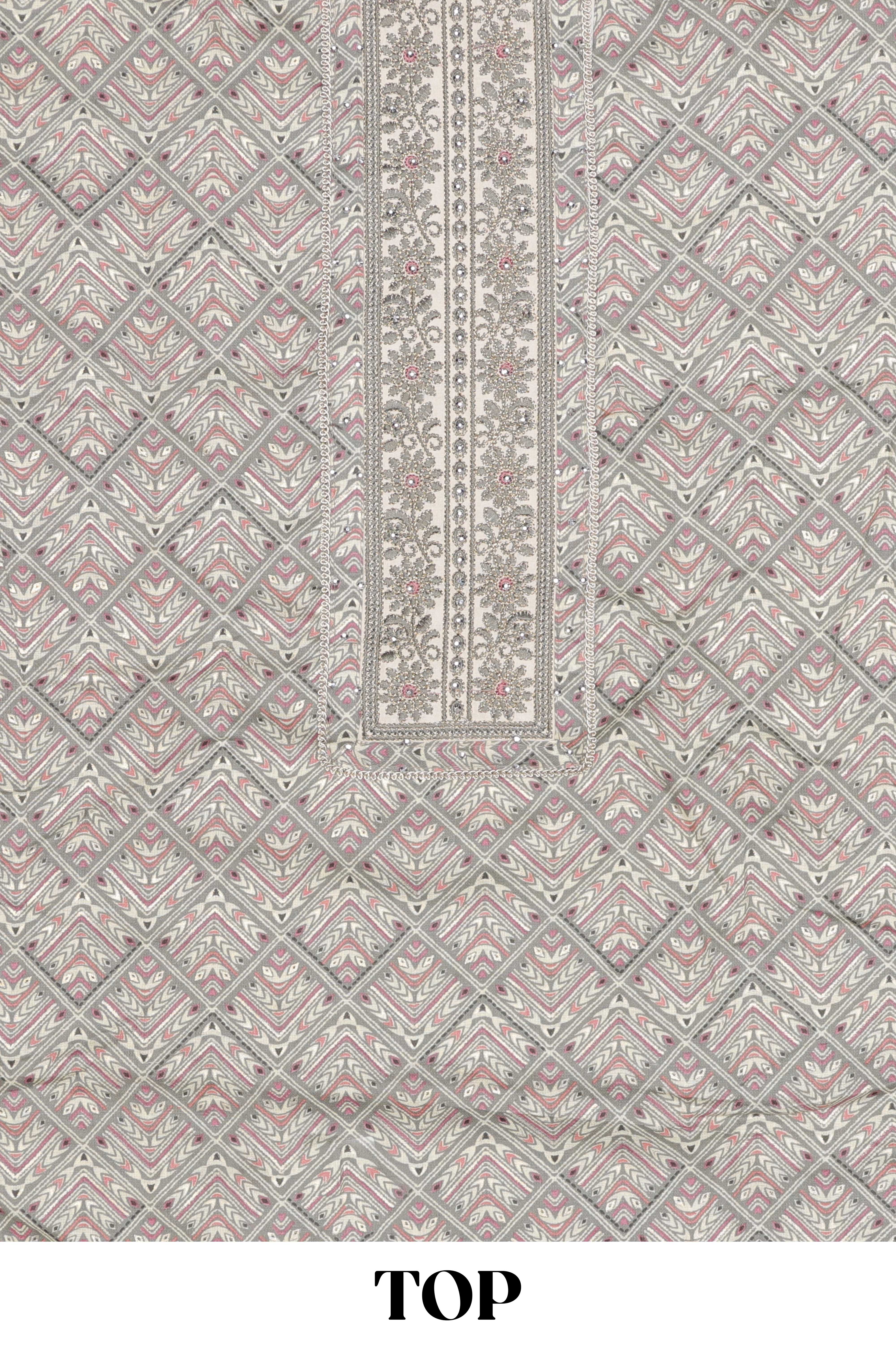 Grey cotton geometric embroidery dress material