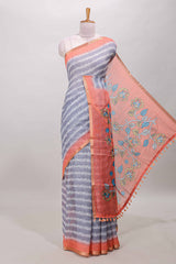 Grey floral striped linen cotton saree