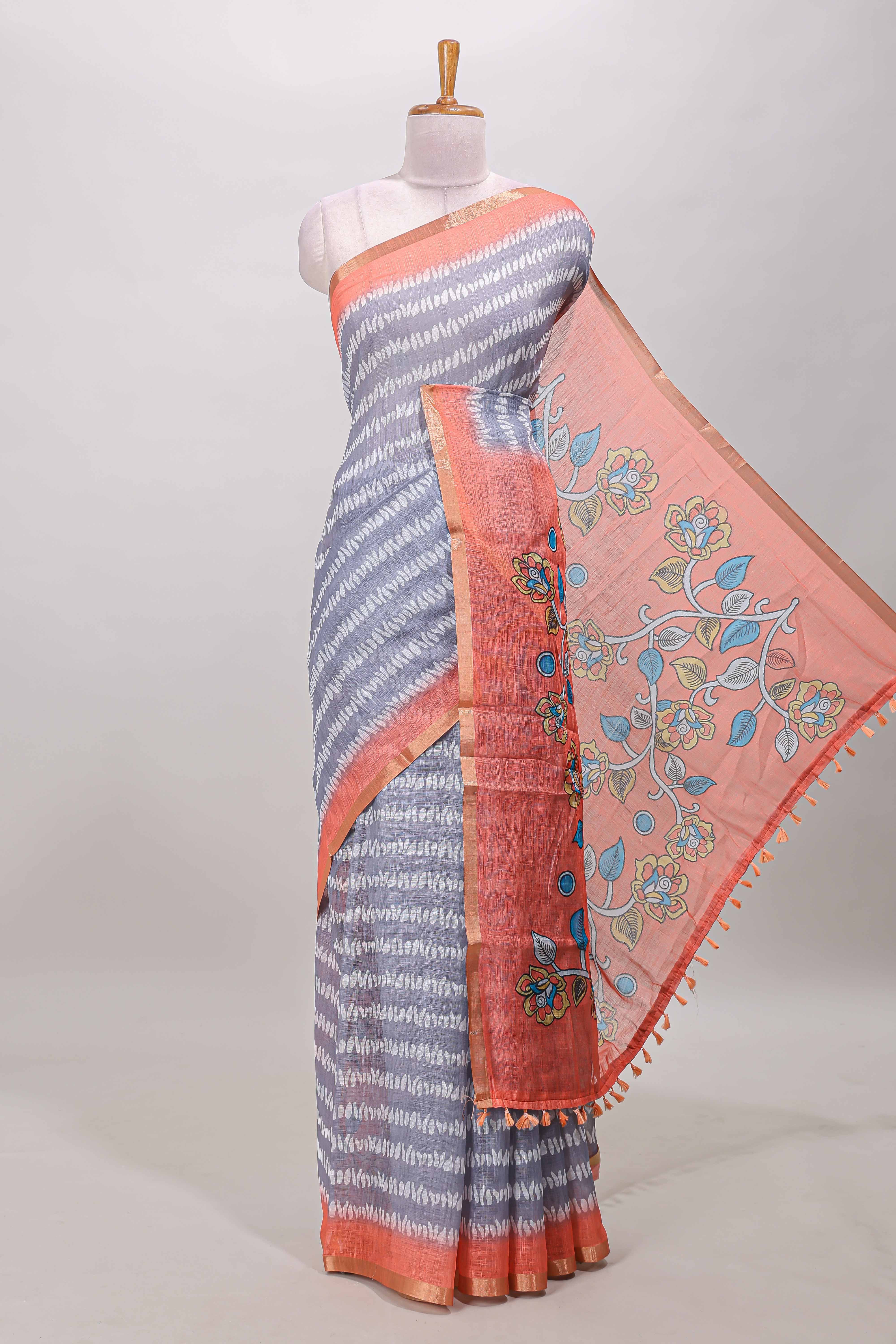 Grey floral striped linen cotton saree