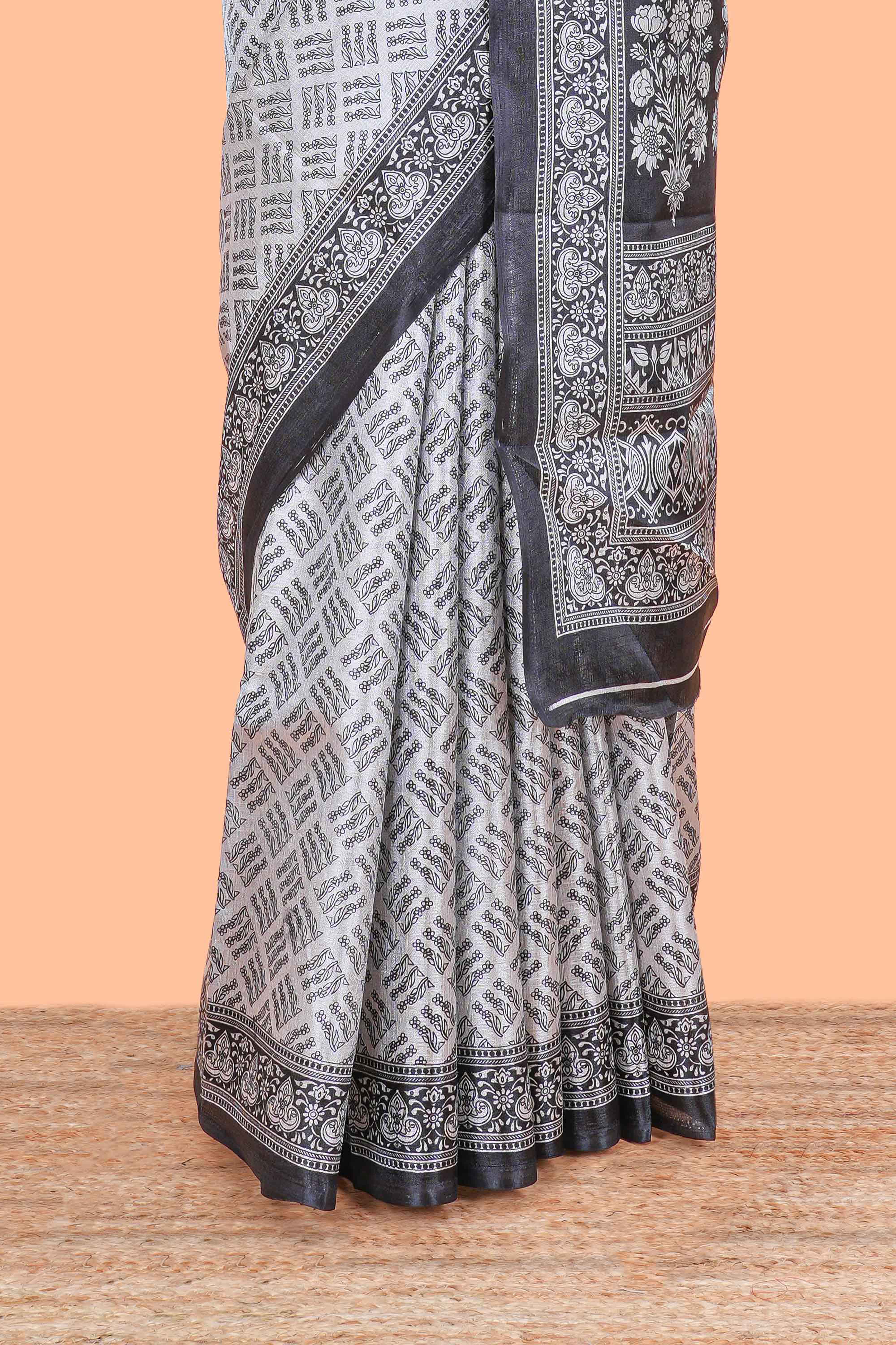 Grey khadi cotton body print saree