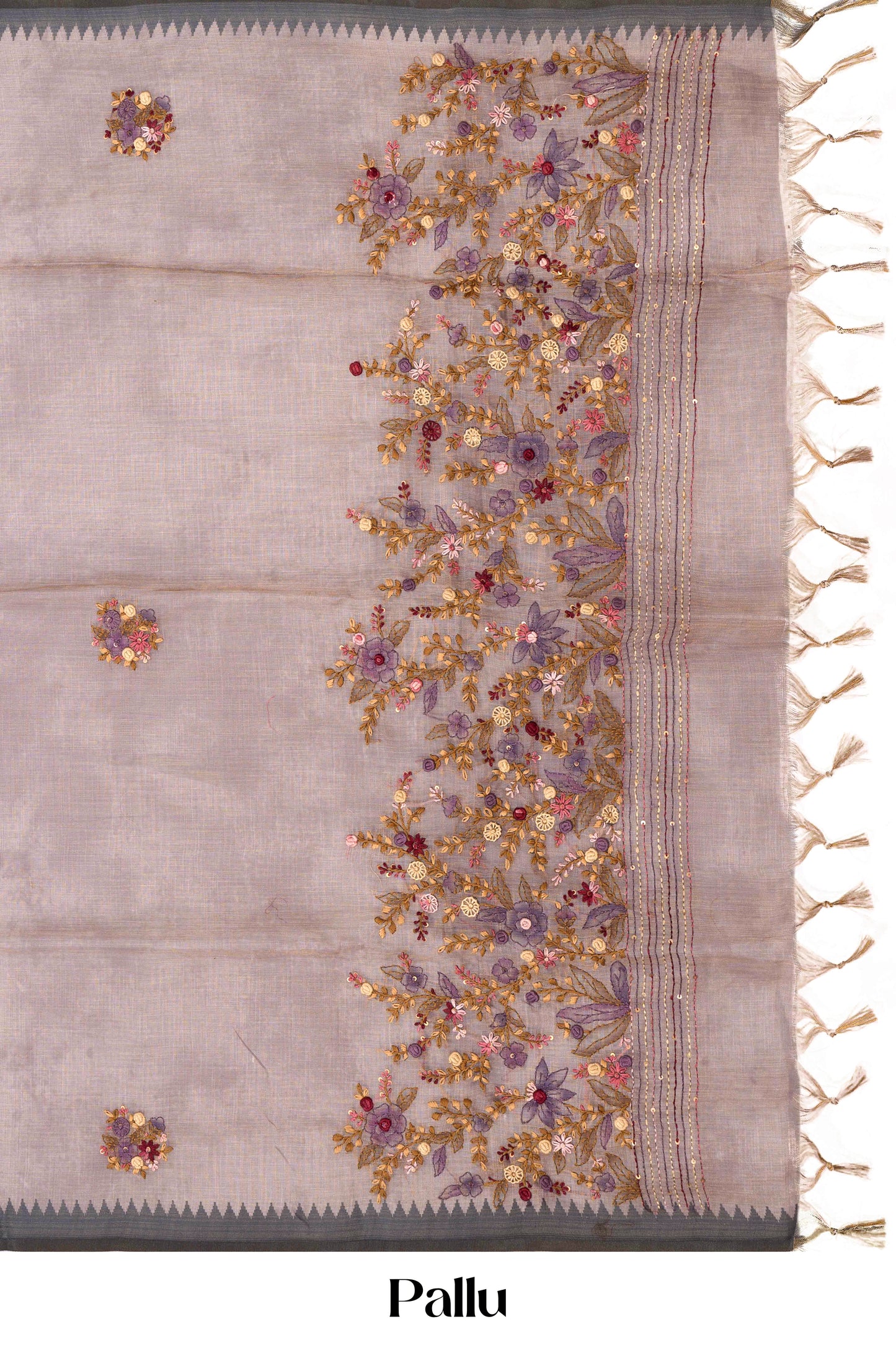 Grey linen saree with embroidery