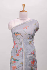 Grey linen saree with self zari border